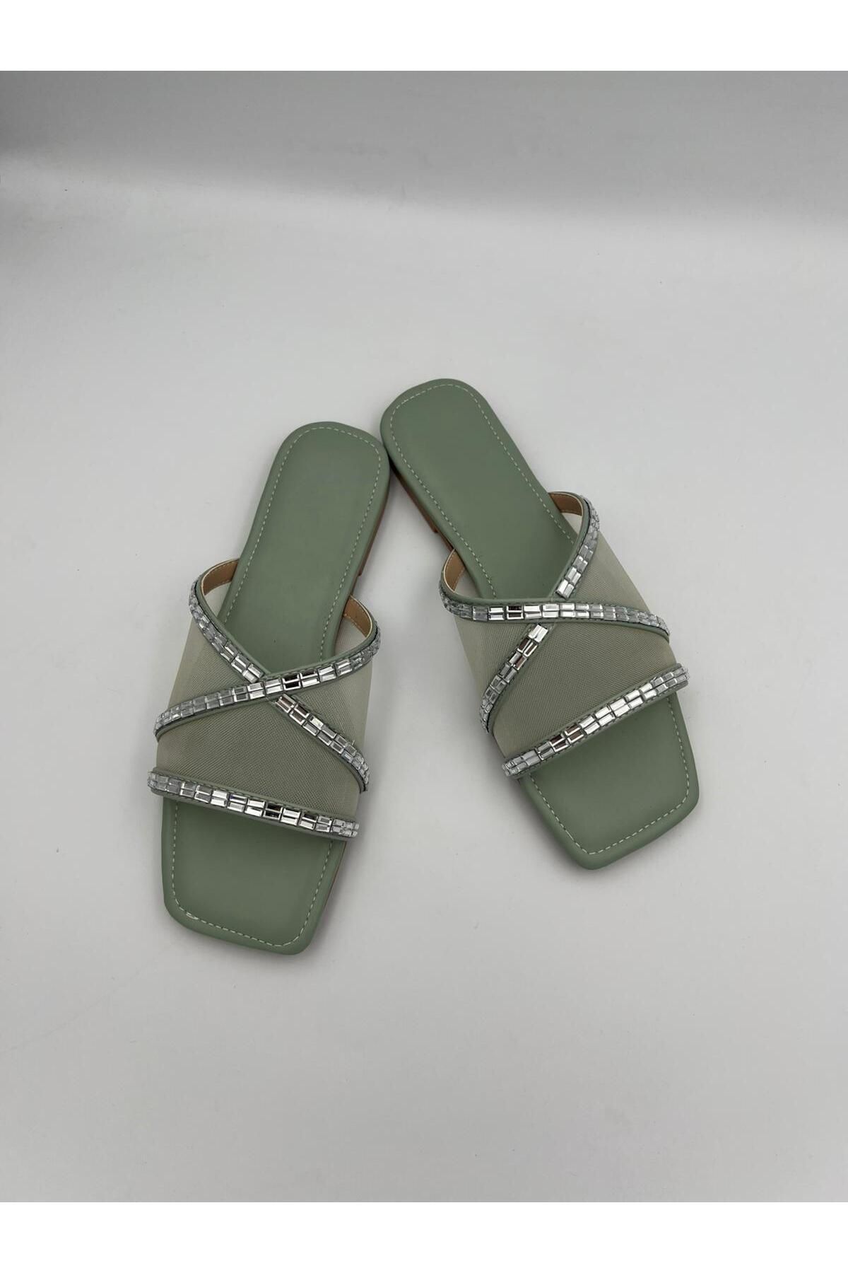 Ömer Ediz Shoes Taş Detaylı Kadın File Düz Terlik – Yazlık Rahat Sandalet - Ömer Ediz Shoes