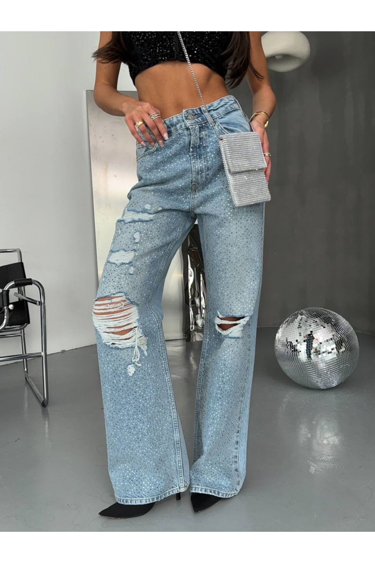GZMBUTİK KADIN PALAZZO MODEL FUUL TAŞ İŞLEMELİ YÜKSEK BEL DENİM JEANS