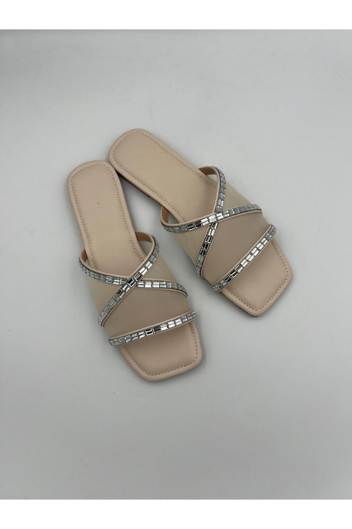 Ömer Ediz Shoes Taş Detaylı Kadın File Düz Terlik – Yazlık Rahat Sandalet - Ömer Ediz Shoes