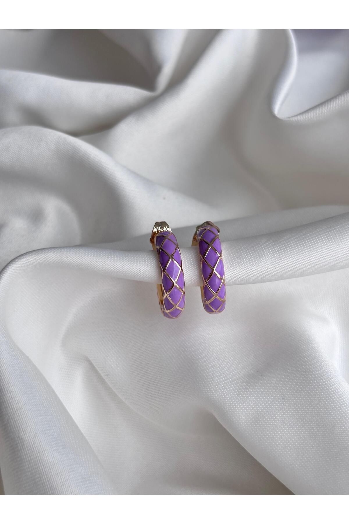 Bellamy Jewelry Mineli Mor Renk Gold Detaylı Halka Küpe