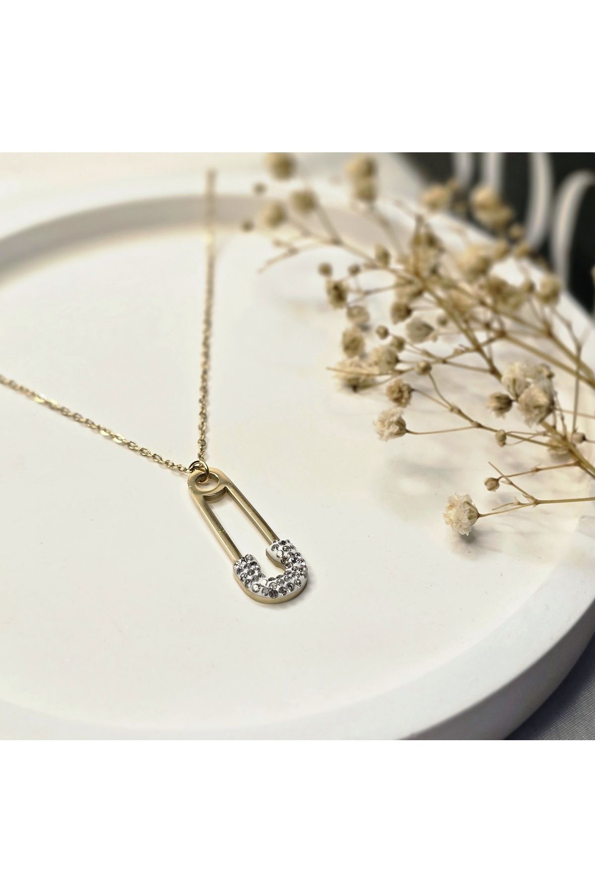 NK 316 L ÇELİK GOLD ZİRKON TAŞLI ÇENGELLİ İĞNE MODEL KOLYE