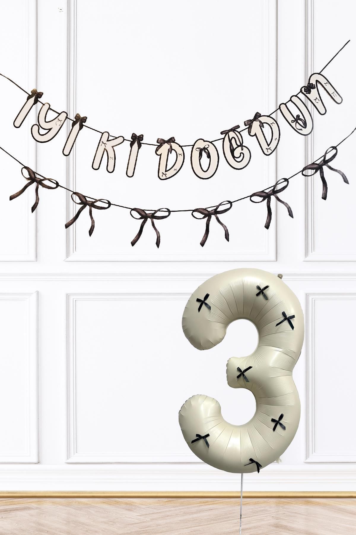 PEKSHOP Siyah Fiyonk Konsept Banner ve Yaş Balonlu Doğum Günü Balon Seti