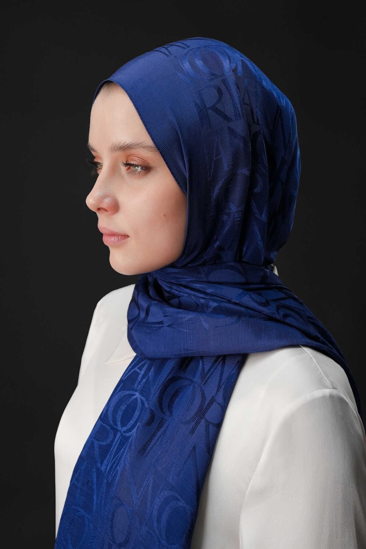 Imannoor İmannoor Monogram Shiny Jakar Şal Lacivert