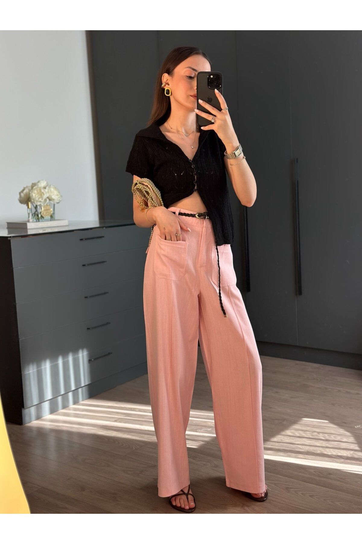 Tugen Co ÇİFT CEP KEMERLİ PEMBE KETEN PANTOLON