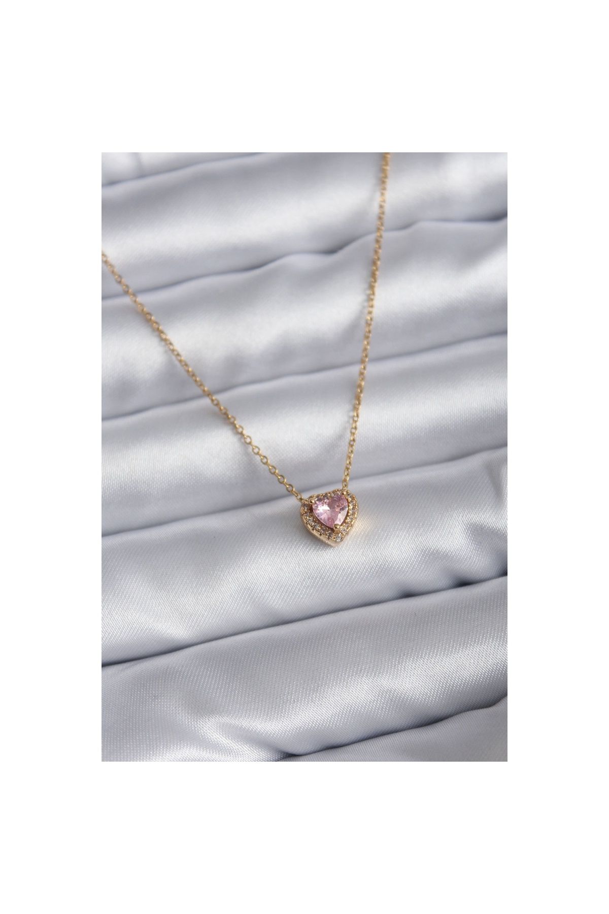 maarketim 316L Çelik Zincir Gold Renk Pembe Zirkon Taşlı Charm Kadın Kolye
