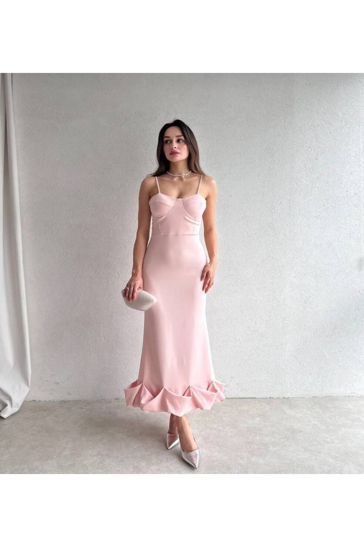 Ahzem Collection Etek Ucu Volanlı İnce Askılı Midi Ebise Kadın