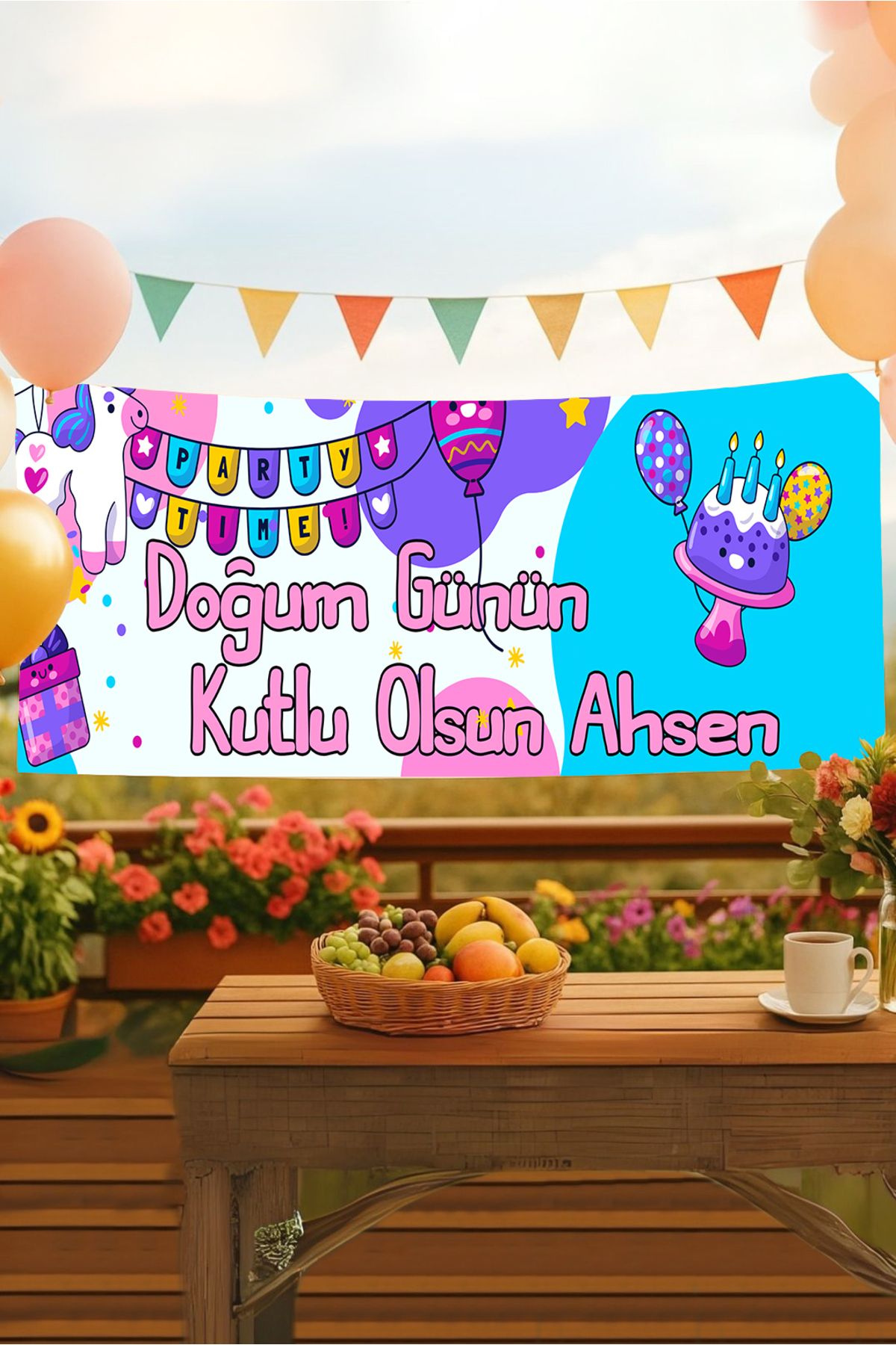 Postermanya Unicorn İsimli Doğum Günü Pankartı, Doğum Günü Afişi, Kız Çocuk, Bebek Doğum Günü Konsepti 50x150cm