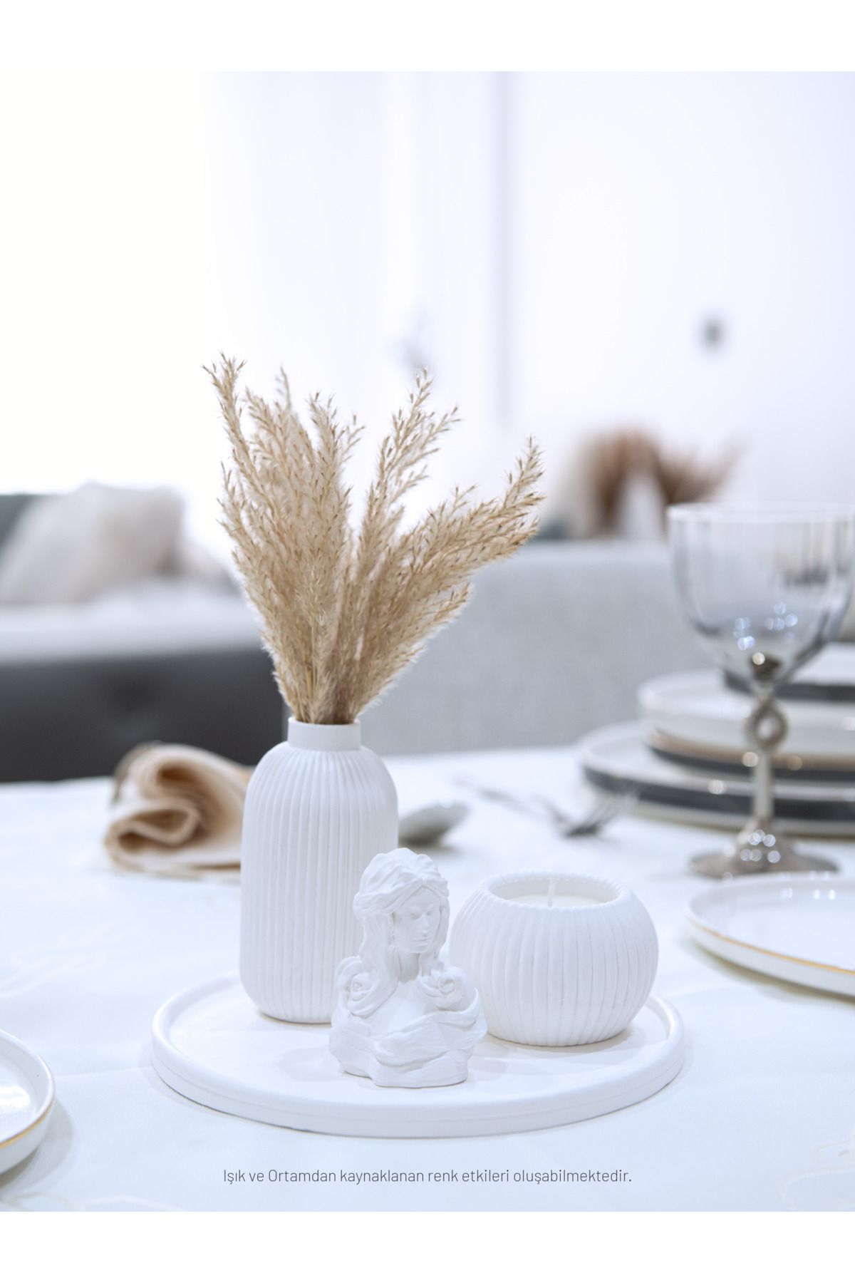 CreOr Snow Collection - Dekoratif 3'lü Set - Tüylük & Mumluk & Kadın Figürü