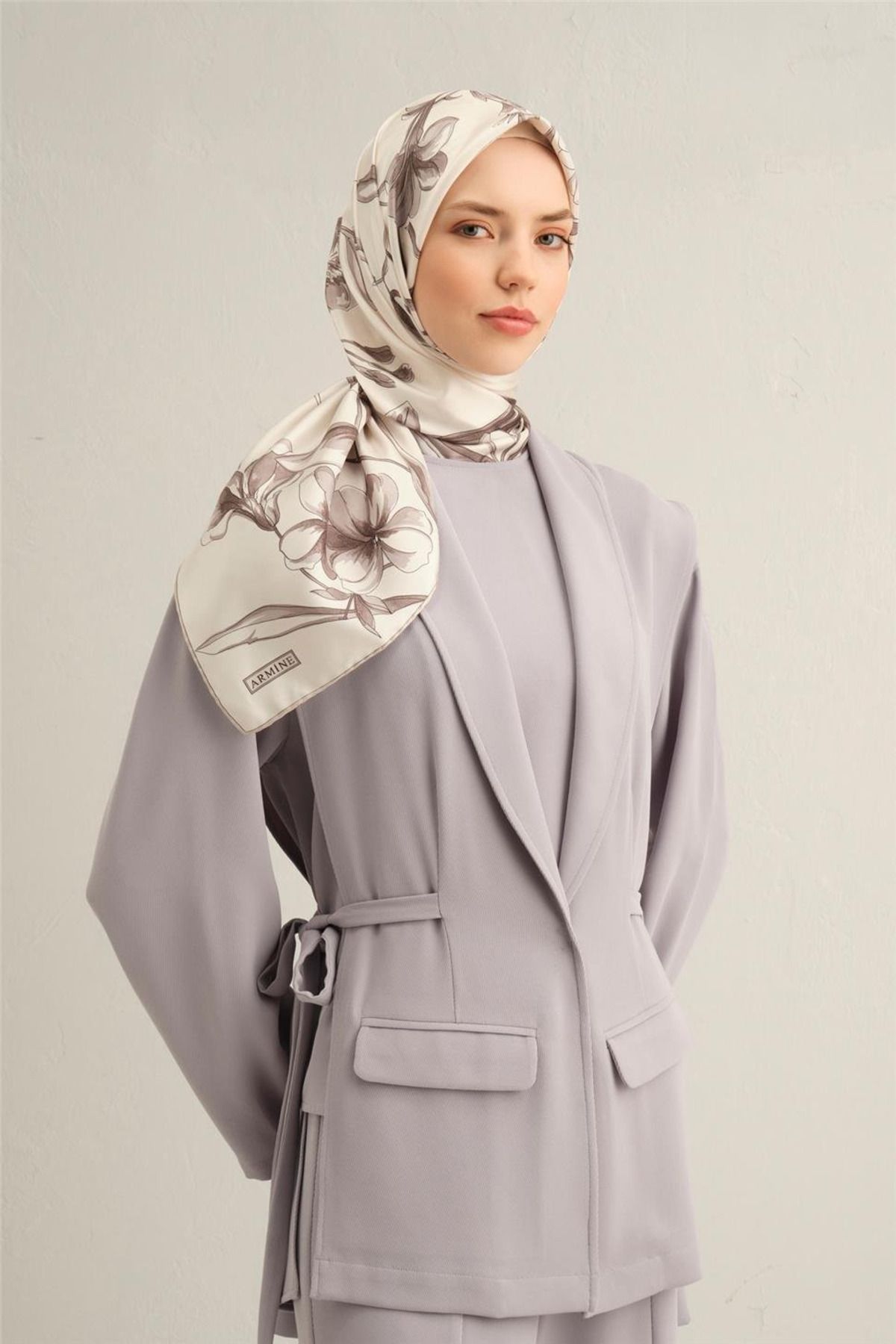 Armine Çiçek Desenli Saf İpek Sura Eşarp 9304 90 x 90 Taş - 80