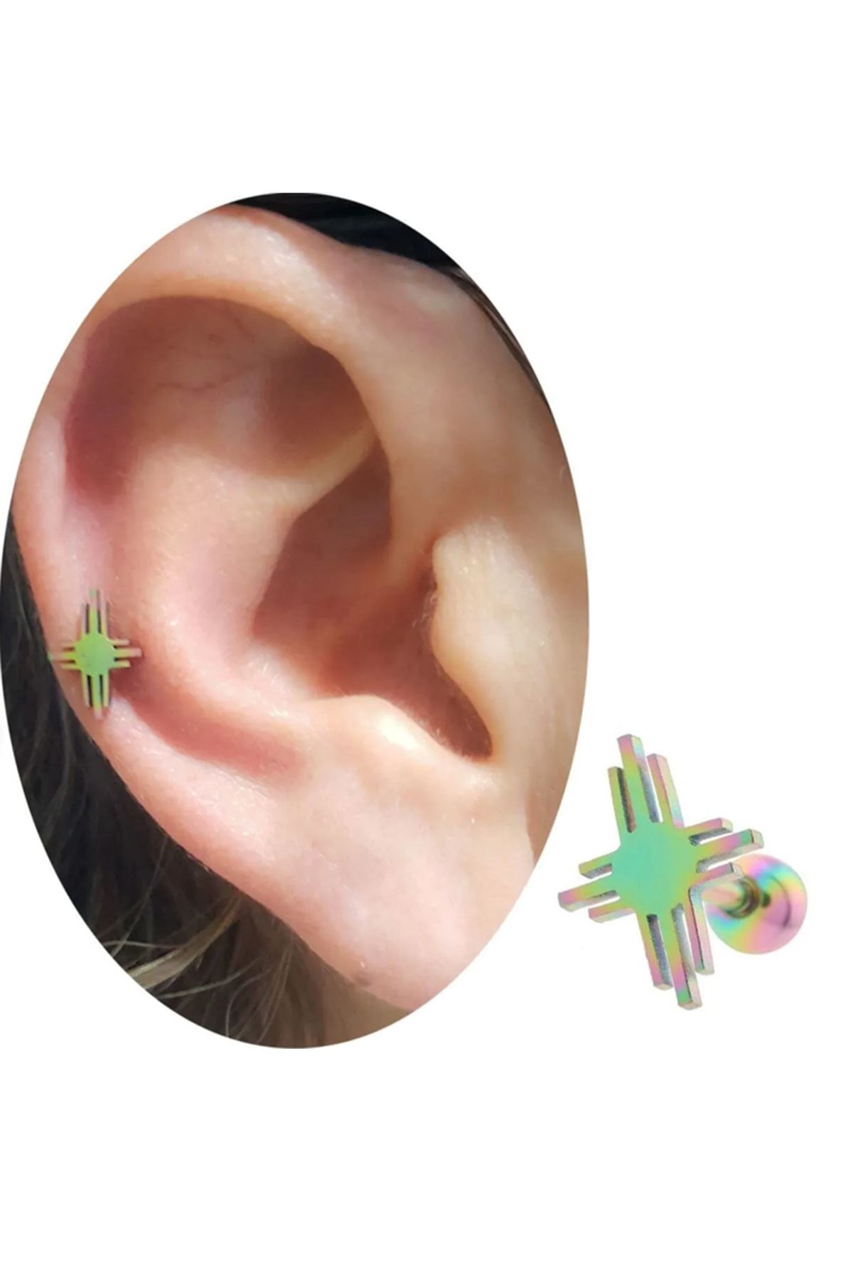Cadının Dükkanı Çelik Gökkuşağı Yıldız Tragus Helix Kıkırdak Piercing