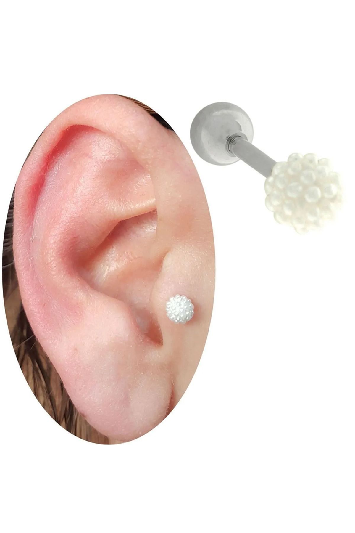 Cadının Dükkanı Çelik Beyaz İnci Tragus Helix Kıkırdak Piercing