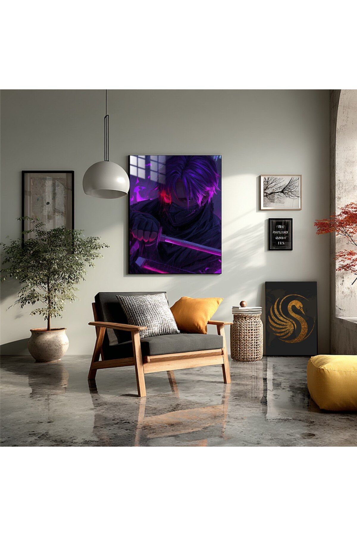 Lora Loom nime Metal Poster – Maskeli Kılıç Ustası | Karanlık Duvar Dekoru, Otaku Hediyesi, Mor Enerji Temalı