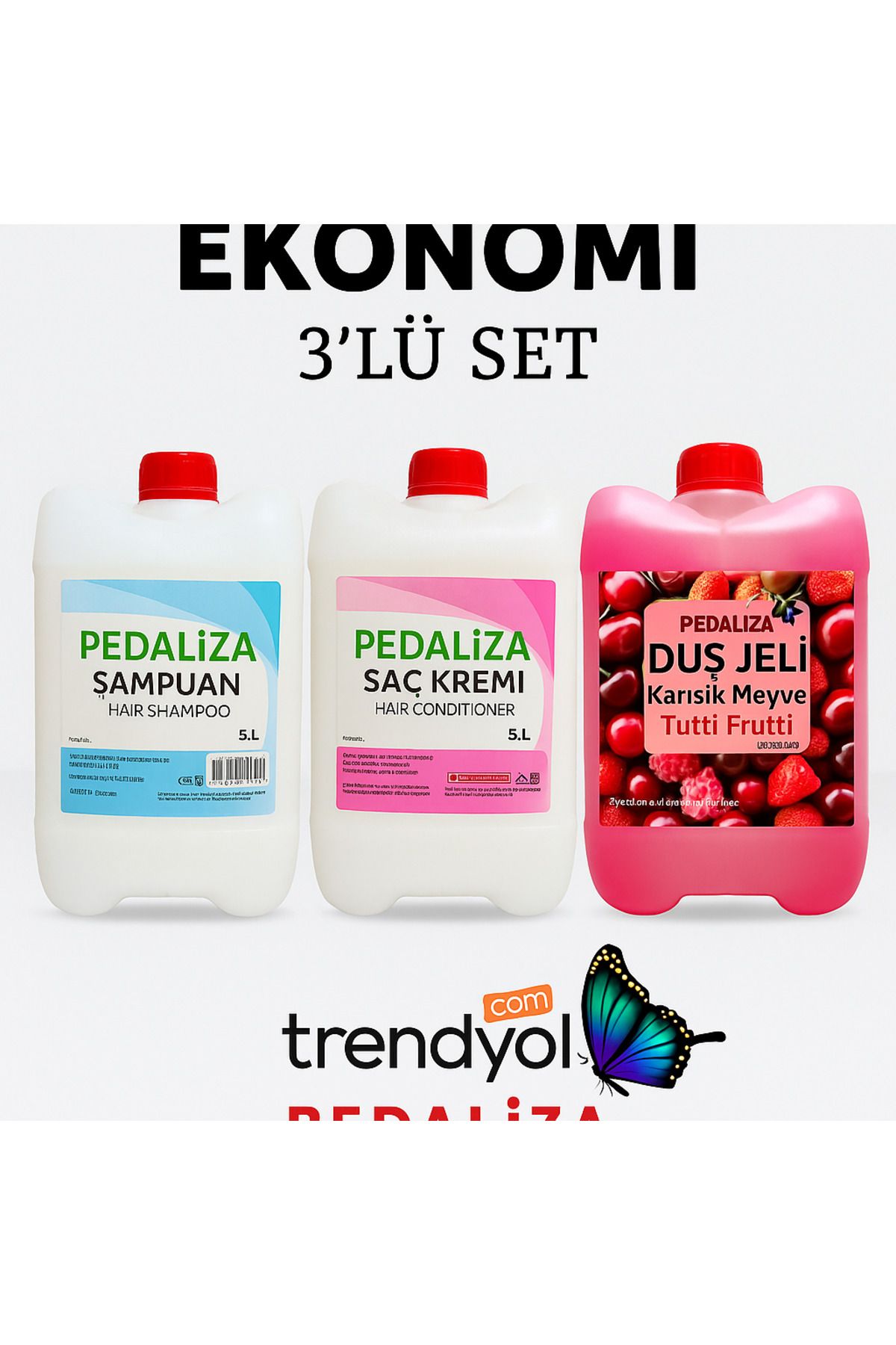 pedaliza 3'lü Banyo Seti – 5 L Şampuan + 5 L Saç Kremi + 5 L Duş Jeli (Tutti Frutti)