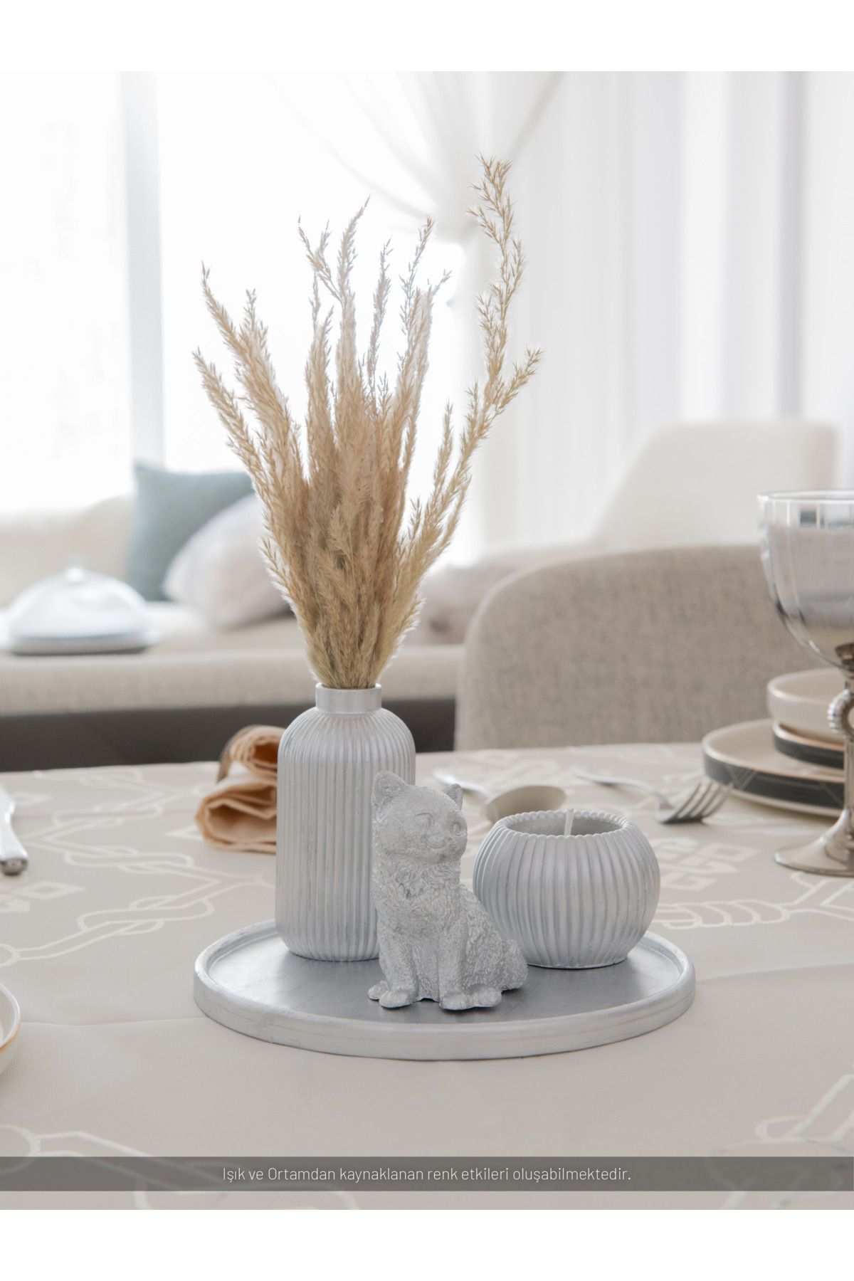 CreOr Silver Collection - Dekoratif 3'lü Set - Tüylük & Mumluk & Kedi Figürü