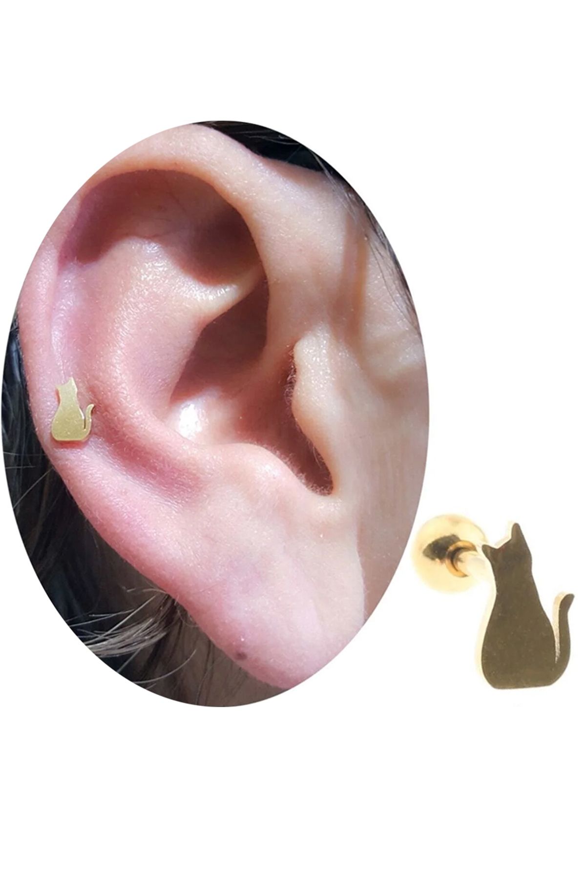 Cadının Dükkanı Çelik Gold Kedi Tragus Helix Kıkırdak Piercing