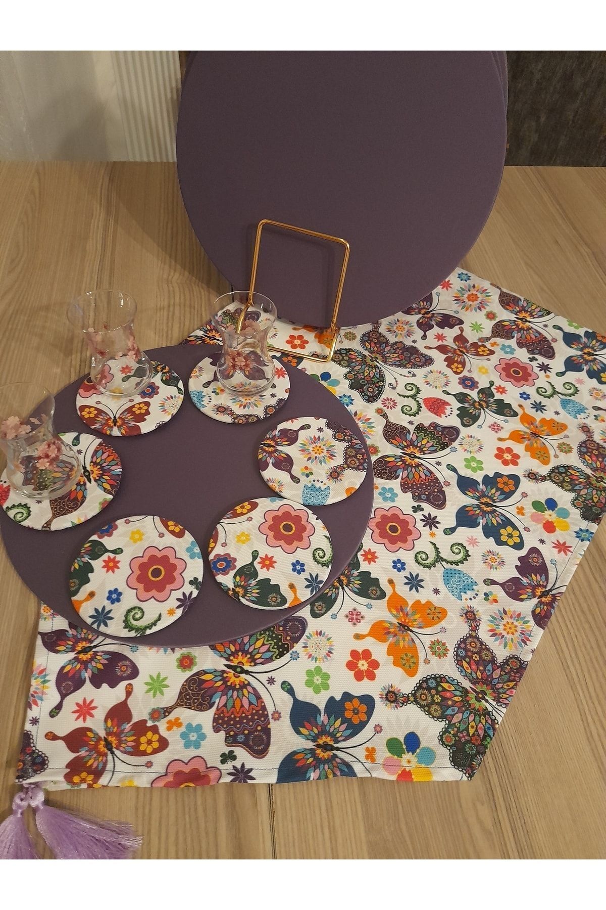 Elioure Renkli Kelebek Desenli Runner ve 6'lı MDF Supla Takımı, Bahar Şıklığı