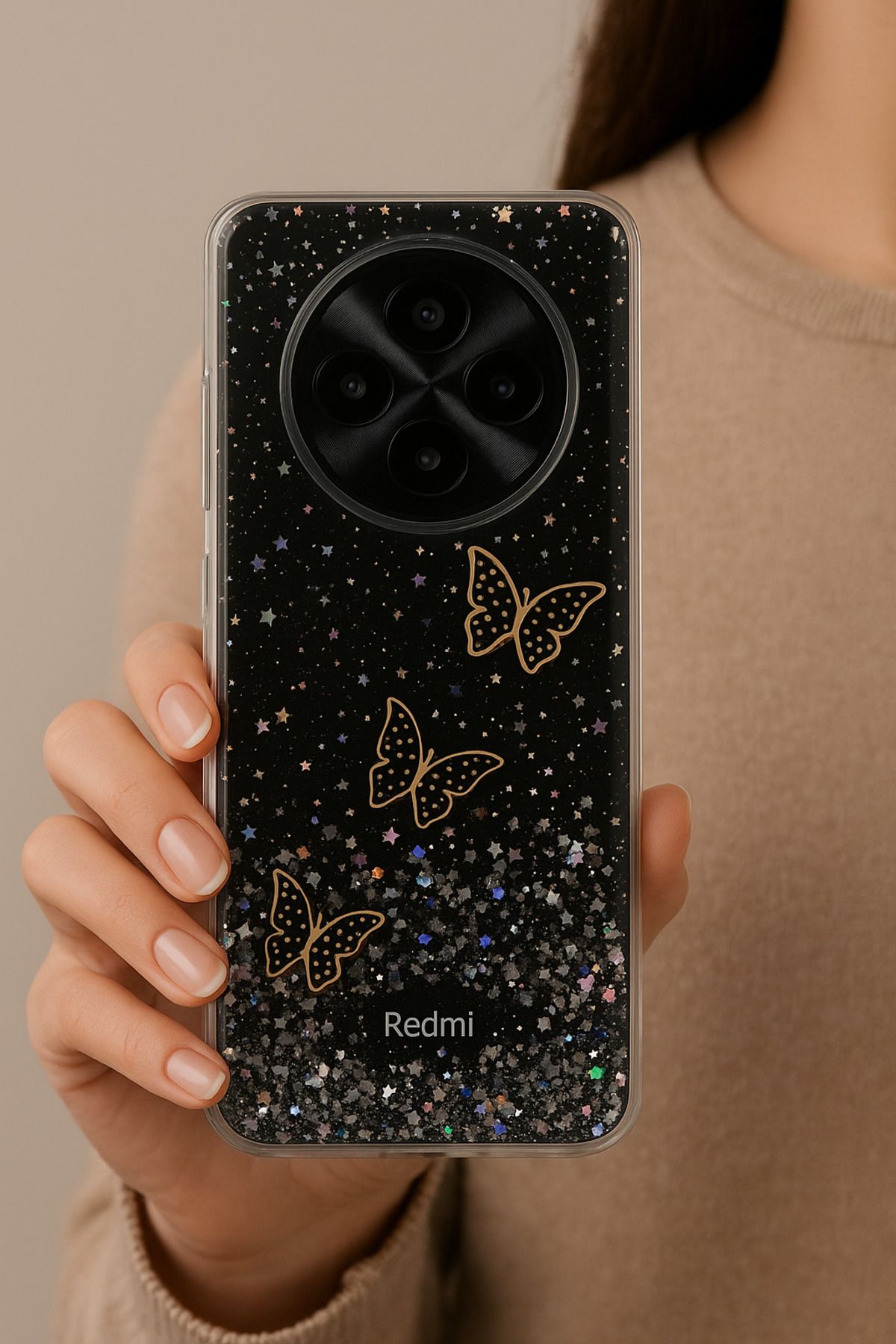 Rivor Xiaomi Redmi 14C & Poco C75 Kılıf Kamera Çıkıntılı Simli Kelebek Kabartmalı Desenli Premium Kapak