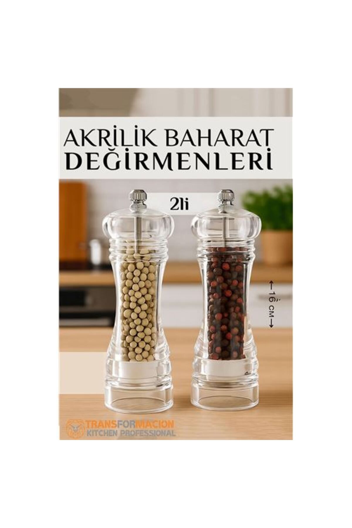 Ladesmedya Modacar Baharat Öğütücü - Baharat Karabiber Tuz Değirmeni Ahşap Akrilik Kristal 2 li SET