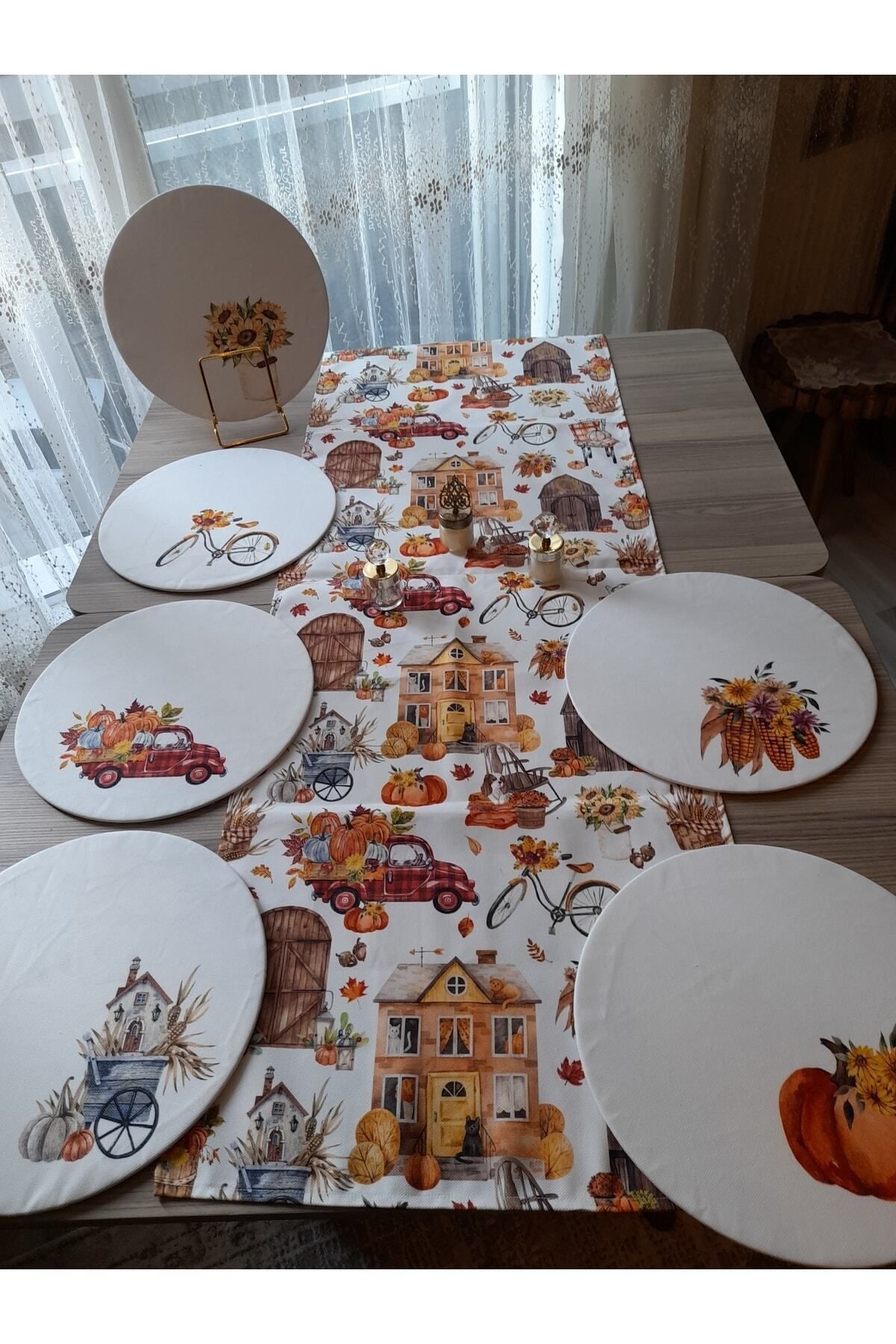Elioure Kasaba Desenli Beyaz E-ticaret Servis Runner ve Supla Takımı, 6'lı Mdf Set