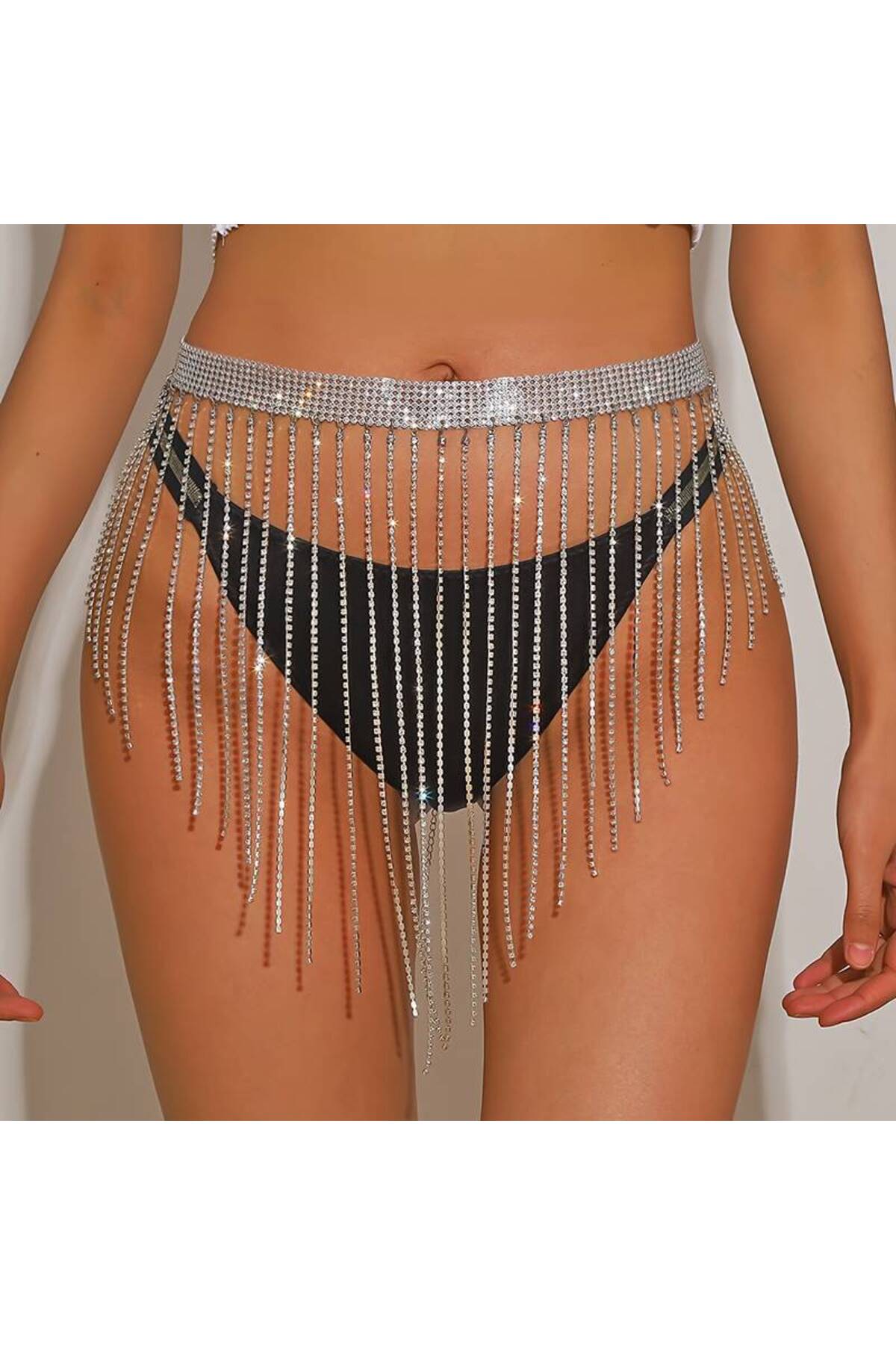 Dubai Taşlı Saçaklı Gümüş Renk Pareo Etek, Luxury Pareo, Bikini Mayo Aksesuarı