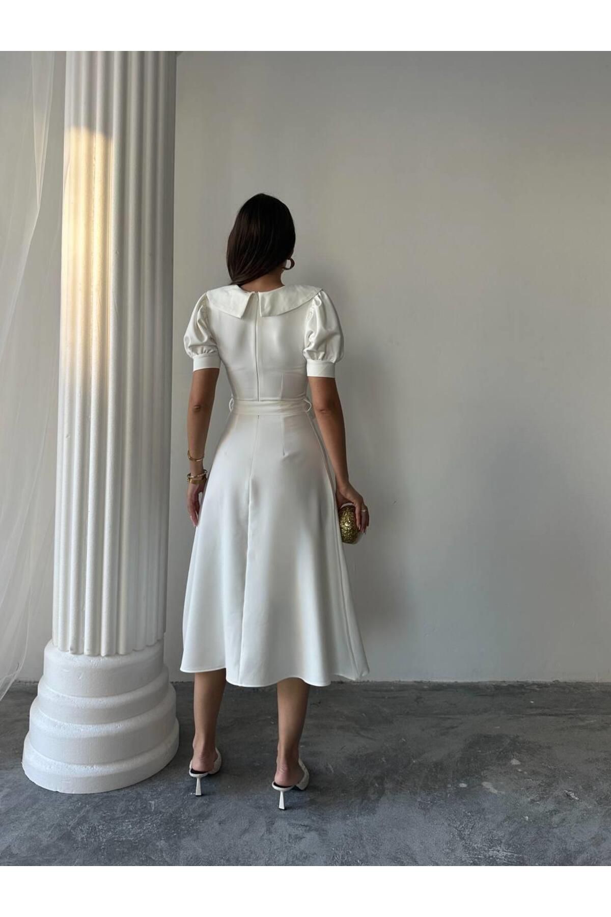 conconmoda Bebe Yaka Gold Düğmeli Atlas Midi Elbise