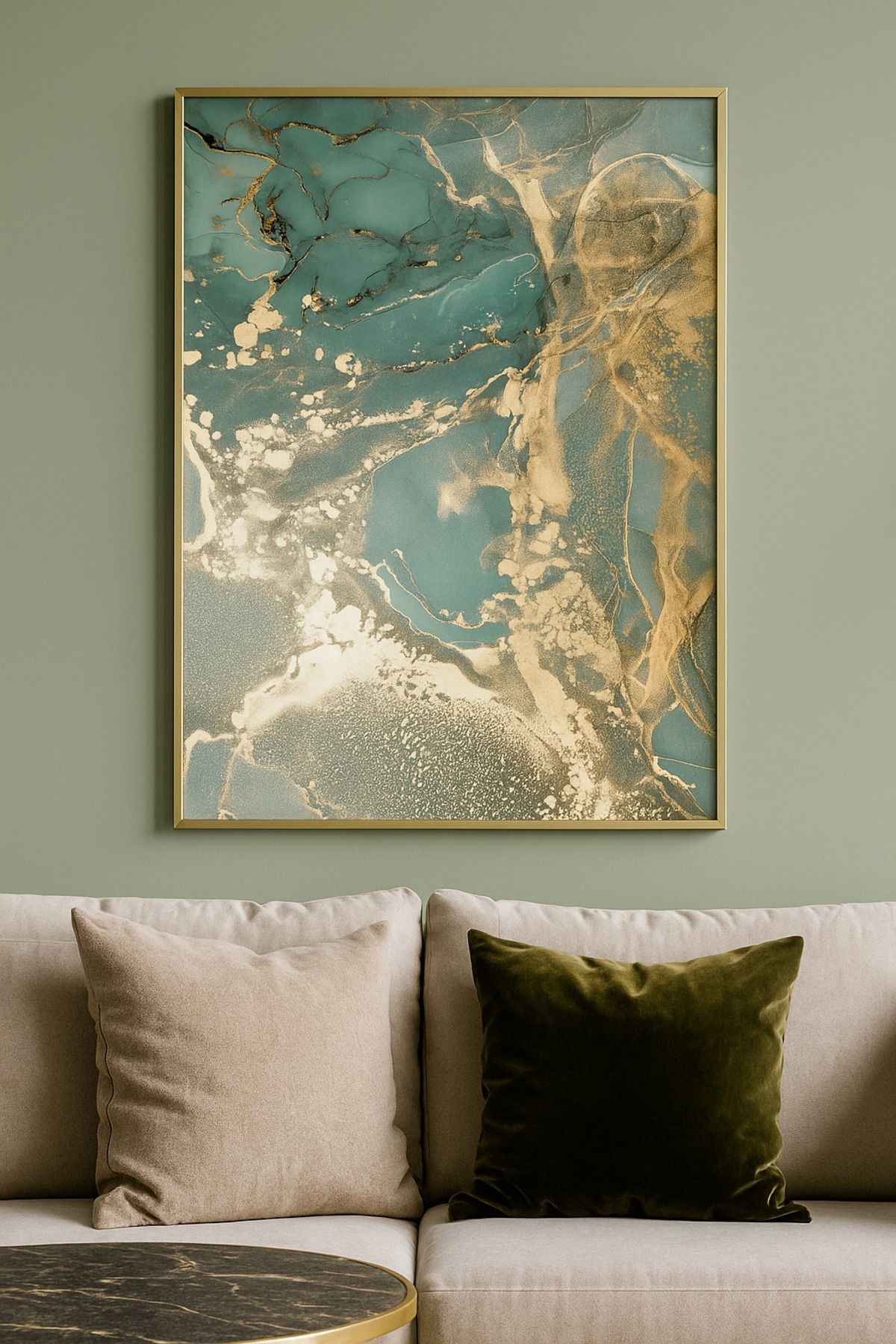 seninürünün Yeşil Rüya Green Abstract Modern Tablo - Gerçek Cama Baskı Gold Alüminyum Metal Çerçeveli