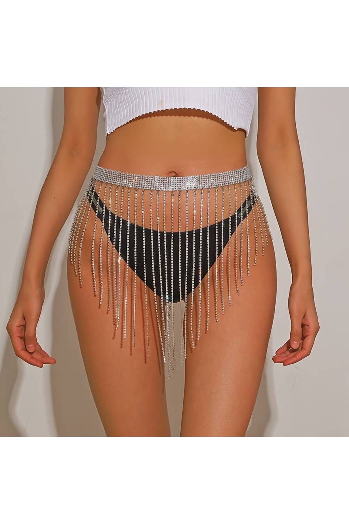 Dubai Taşlı Saçaklı Gümüş Renk Pareo Etek, Luxury Pareo, Bikini Mayo Aksesuarı