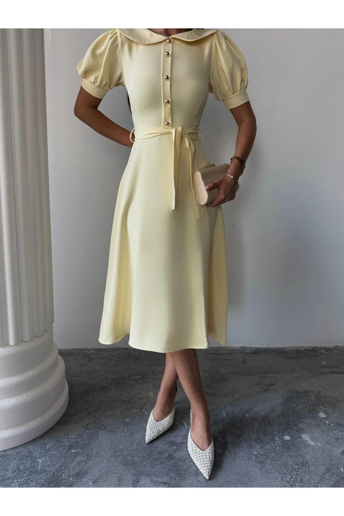 conconmoda Bebe Yaka Gold Düğmeli Atlas Midi Elbise