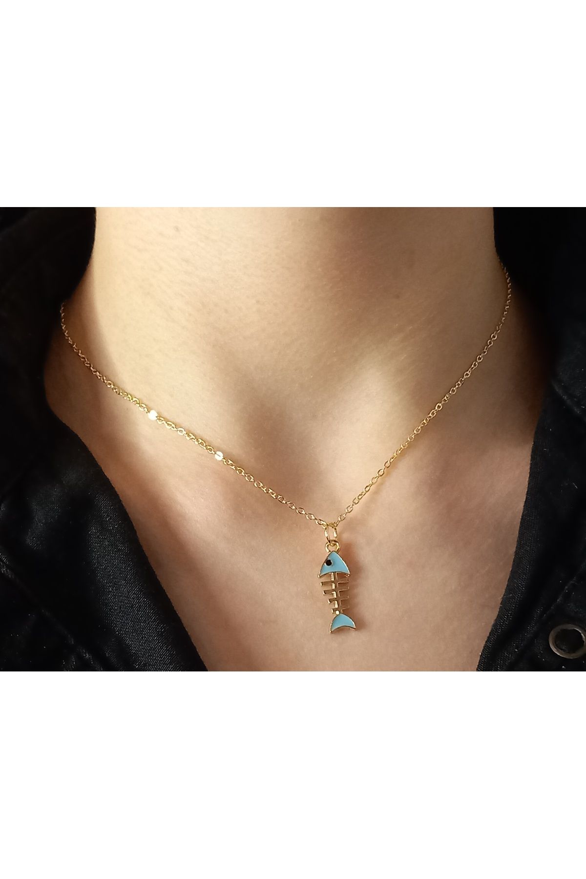 Crystal Atelier Turkuaz Balık Kılçığı Altın Kaplama Çelik Kolye-Balık Kolye-Kadın Minimal Takı-Balık Kılçığı Kolye