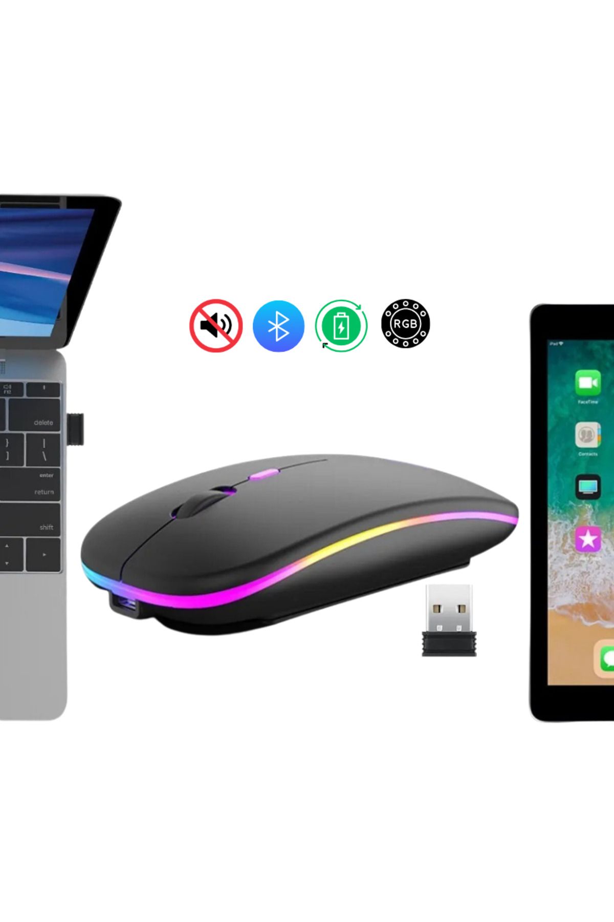 MultiZone Sessiz Kablosuz Şarjlı Bluetooth Mouse Optik LED Işıklı PC Laptop Uyumlu Ergonomik Renkli