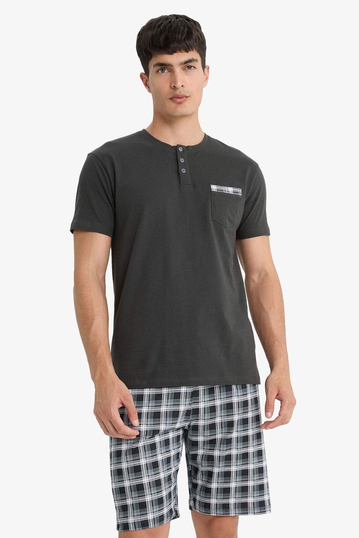 DeFacto-Pajama Set Regular Fit Short Sleeve Top Checked Shorts E7146Ax25Sm 4