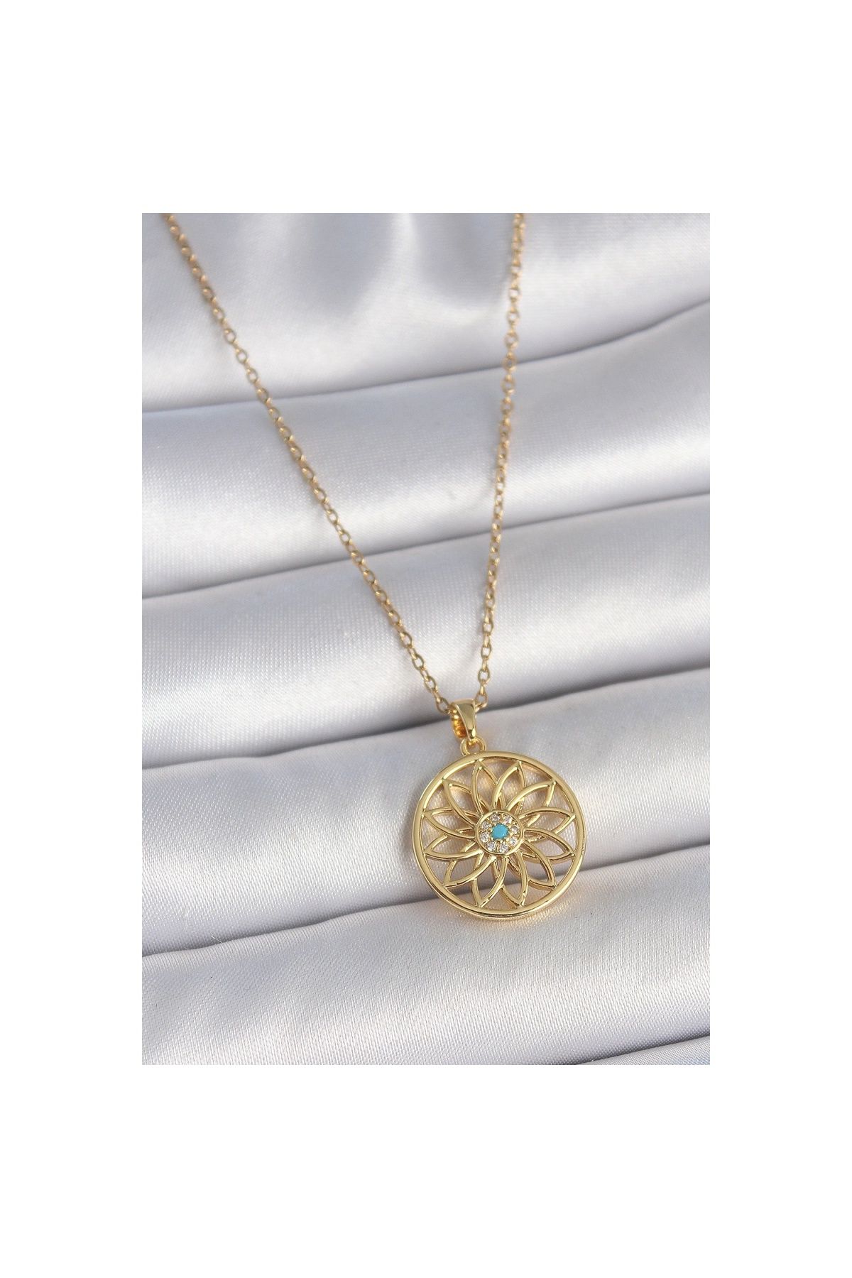 maarketim 316L Çelik Gold Renk Zincr Mavi Taşlı Lotus Model Kadın Kolye