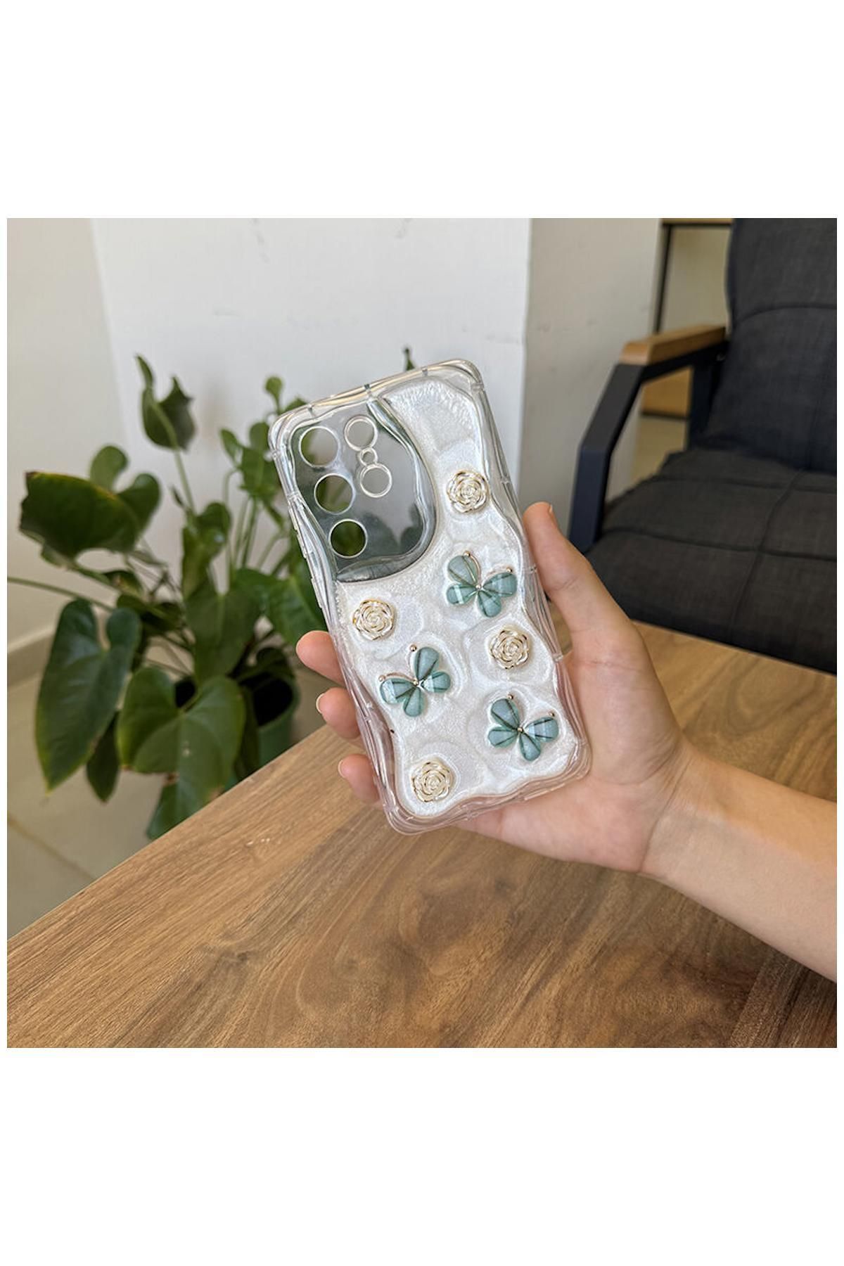 Pro Aksesuar Samsung Galaxy S24 Ultra Uyumlu Kılıf Kelebekli Floral Silikon Kılıf Yeşil