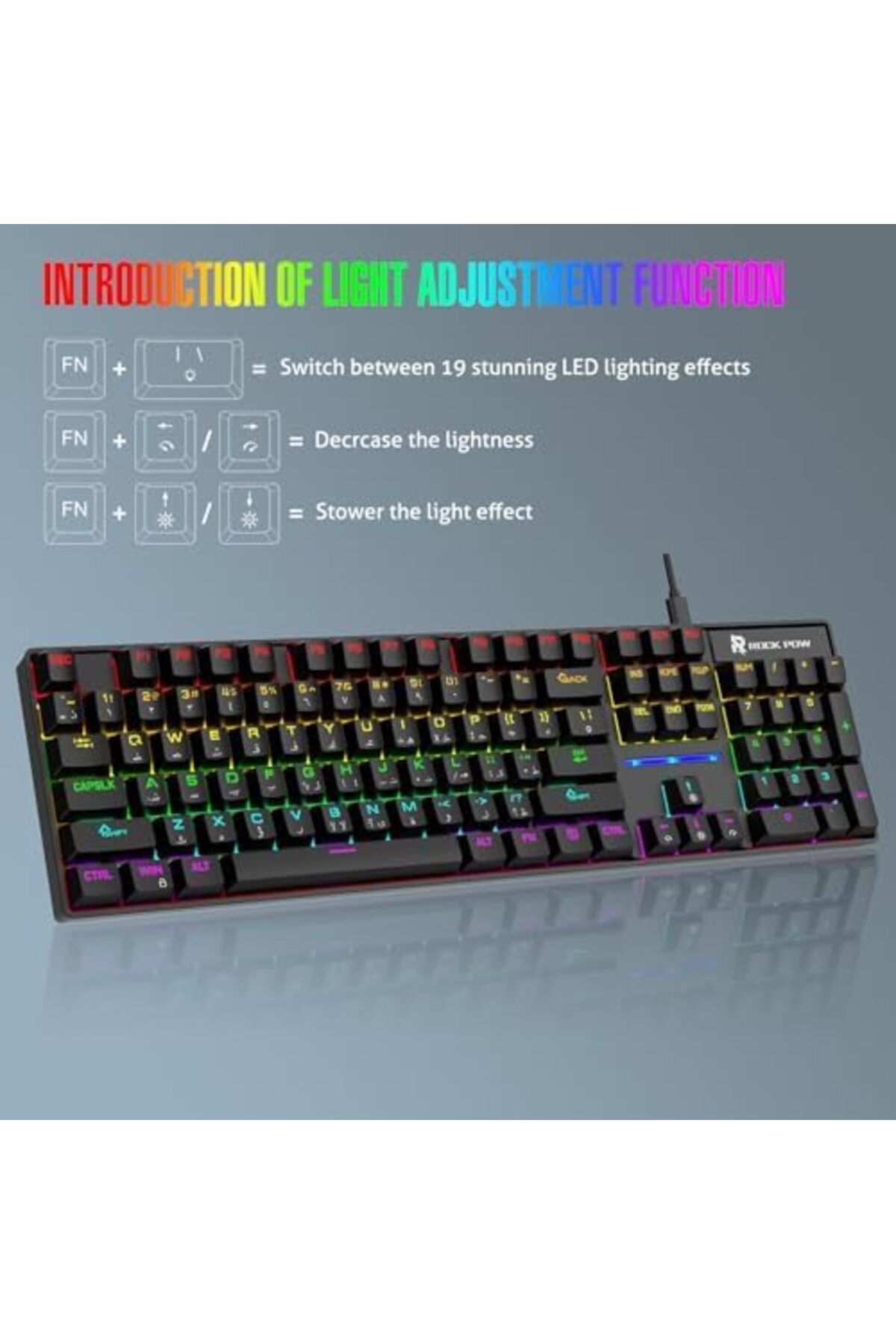 ROCK POW-Gaming Keyboard, Arabic English 104 Key Mechanical Keyboard with RGB Backlit 19 Modes, Wire 6