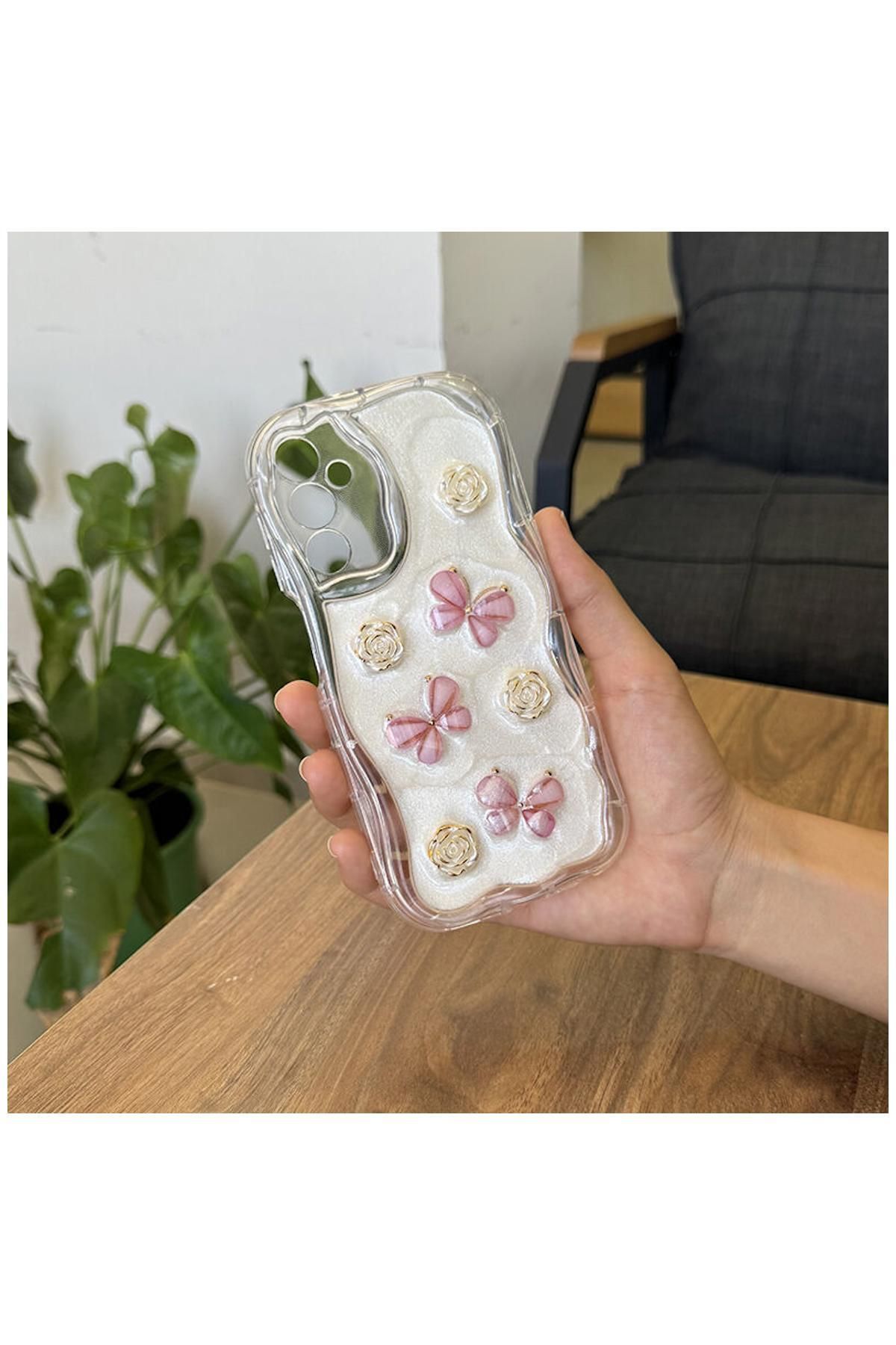 Pro Aksesuar Samsung Galaxy A16 Uyumlu Kılıf Kelebekli Floral Silikon Kılıf Rose Gold
