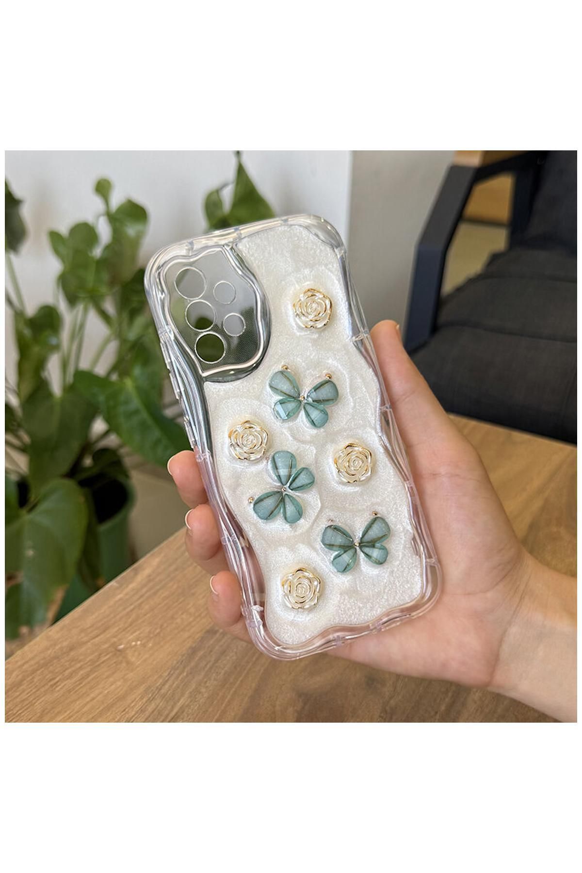 Pro Aksesuar Samsung Galaxy A53 5G Uyumlu Kılıf Kelebekli Floral Silikon Kılıf Yeşil