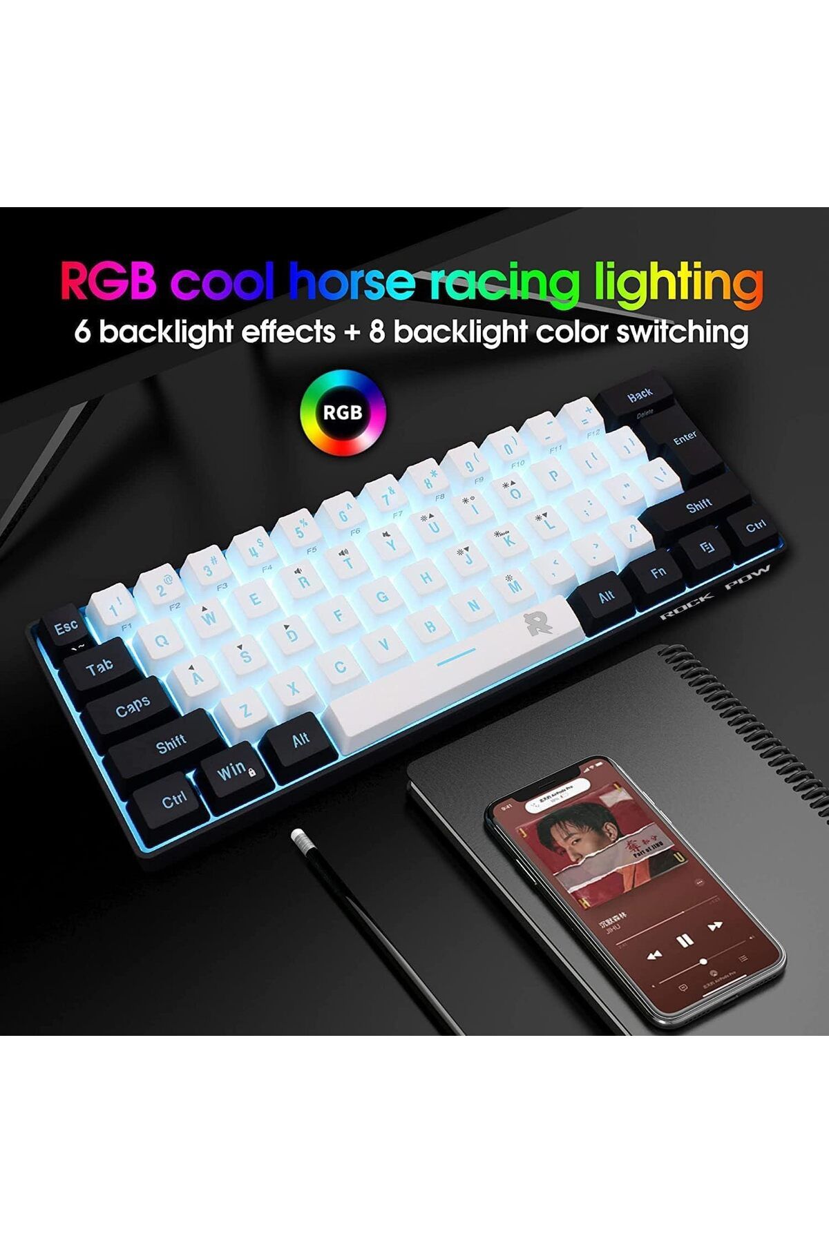 ROCK POW-Wired Gaming Keyboard and Mouse Combo, Include Mini 60% Mechanical Feel Keyboard, Ergonomic 3