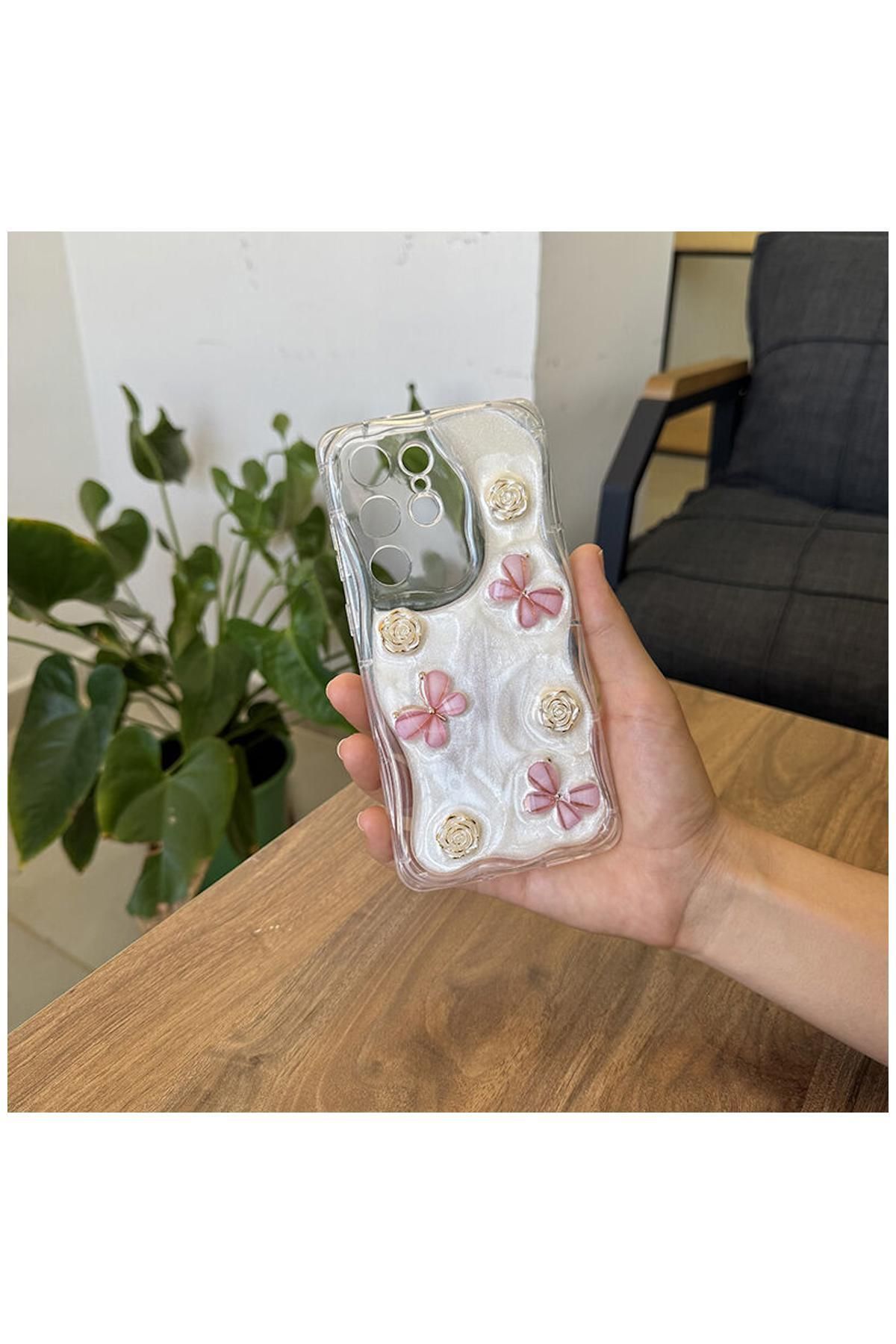 Zebana Samsung Galaxy S23 Ultra Uyumlu Kılıf Zebana Floral Silikon Kılıf Rose Gold