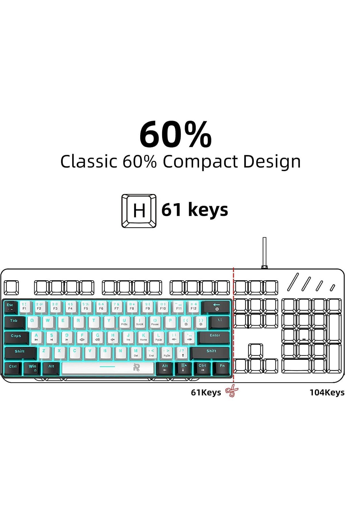 ROCK POW-Gaming Mechanical Keyboard, Wired Design, 60% Compact, Blue Switches, Multi-key Response, Compatible 9