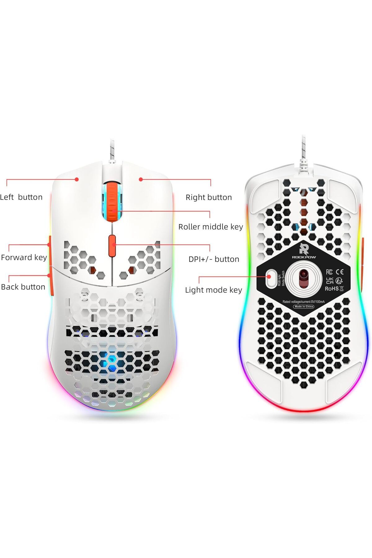 ROCK POW-Gaming Mouse with Honeycomb Design, 8000 DPI, Optical Sensor, 6 Programmable Buttons, RGB W 7