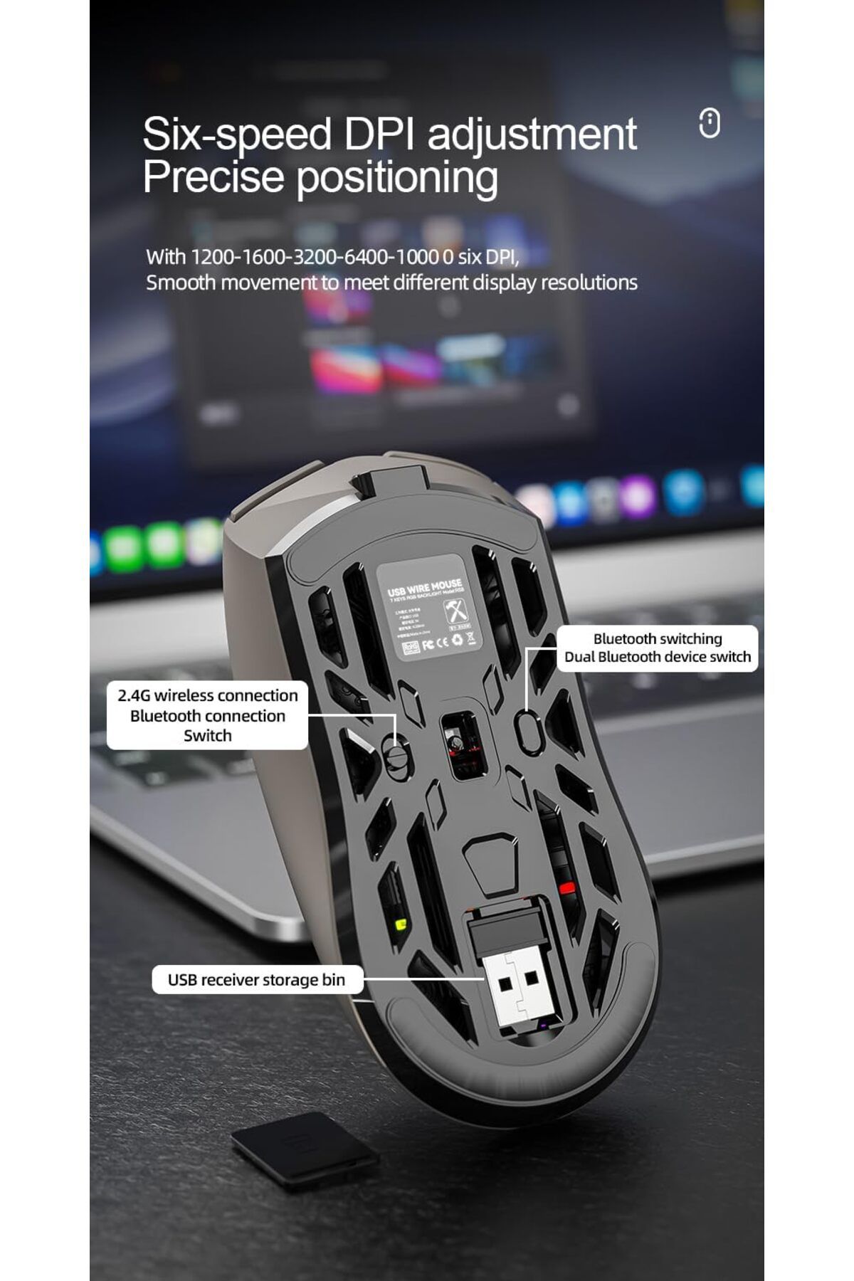ROCK POW-Wireless Gaming Mouse, Triple Mode Bluetooth/2.4G/Wired, 6 Buttons Adjustable with 10000 DPI, Rechar 5