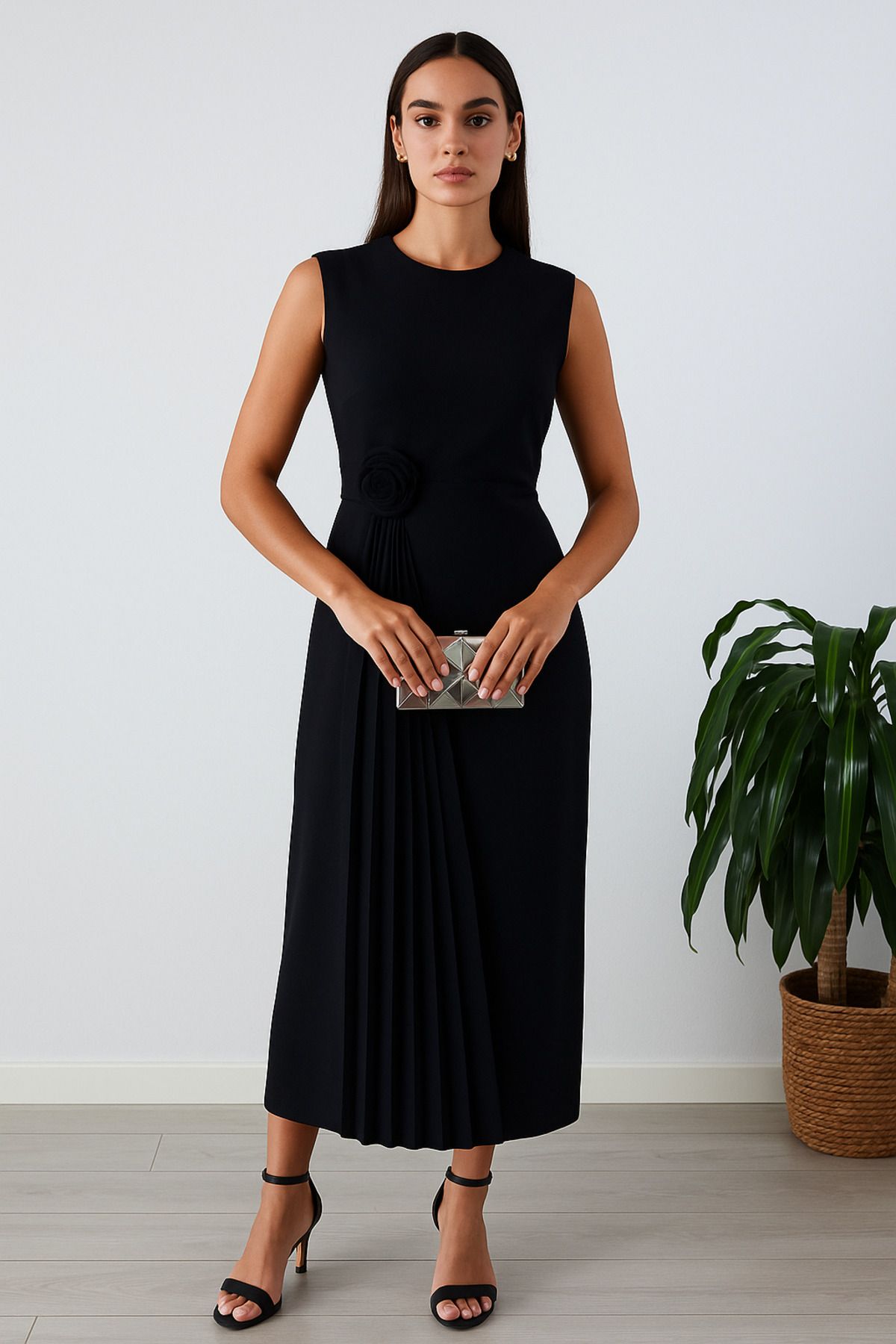 Butik Pile detaylı gül broşlu abiye elbise