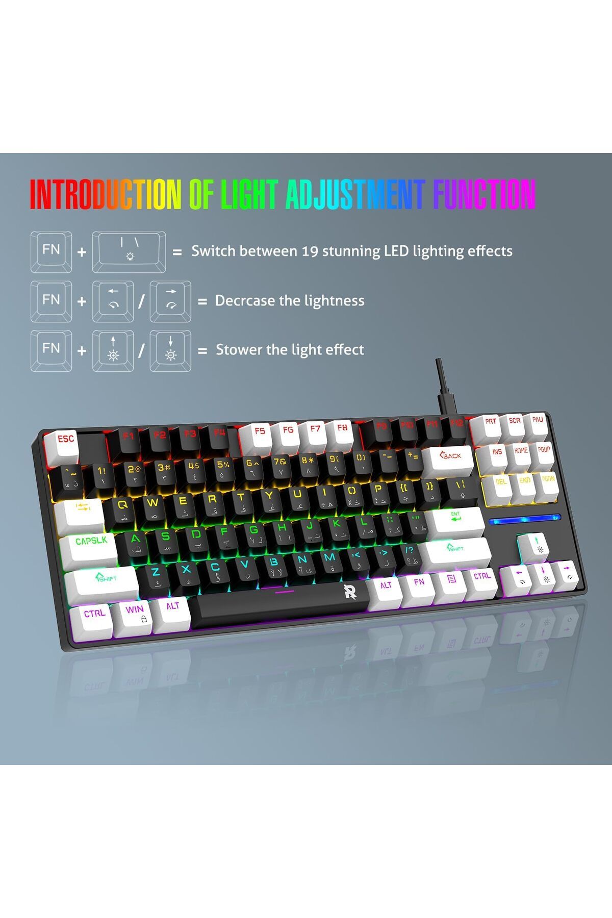 ROCK POW-75% Gaming Keyboard, Arabic English 87 Keys Mechanical Keyboard with RGB Backlit 19 Modes, 5