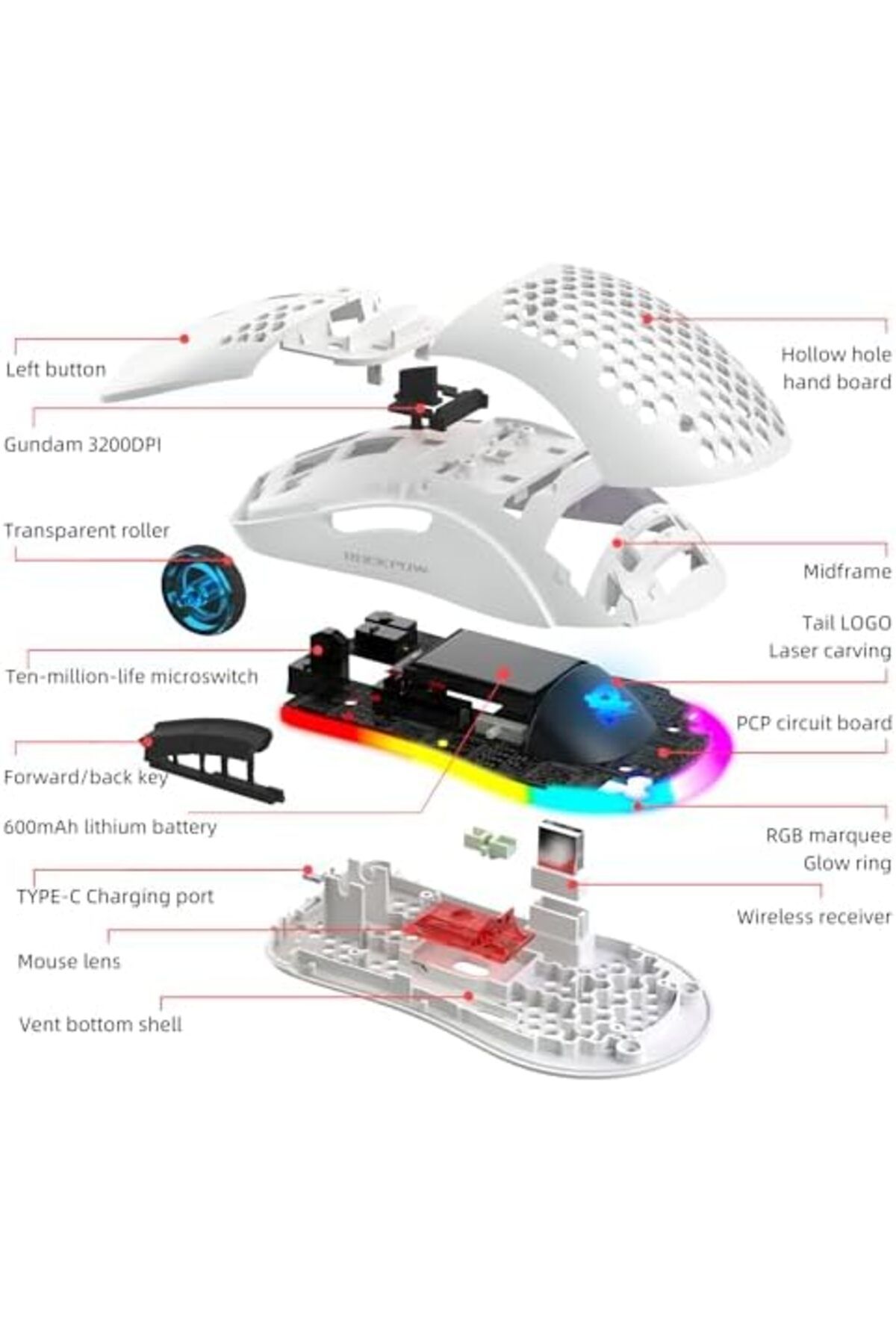 ROCK POW-Wireless Gaming Mouse with Honeycomb Lightweight Design, 6 Programmable Buttons, Adjustable DPI, RGB 8