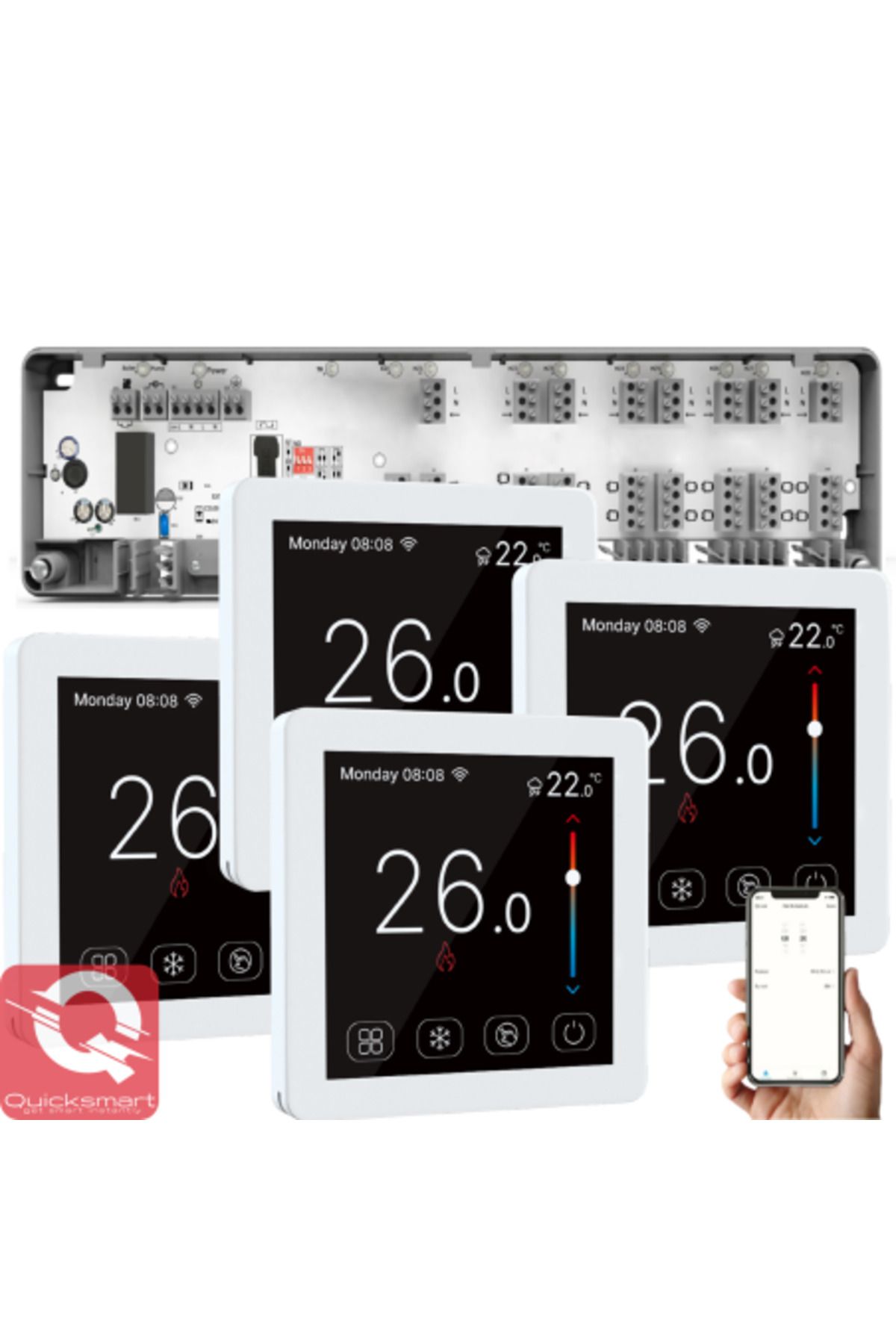 Quicksmart-Kit Automatizare Incalzire Pardoseala Q10, Controller pardoseala 8 zone, 4x Termostat cu fir Q50, In 1