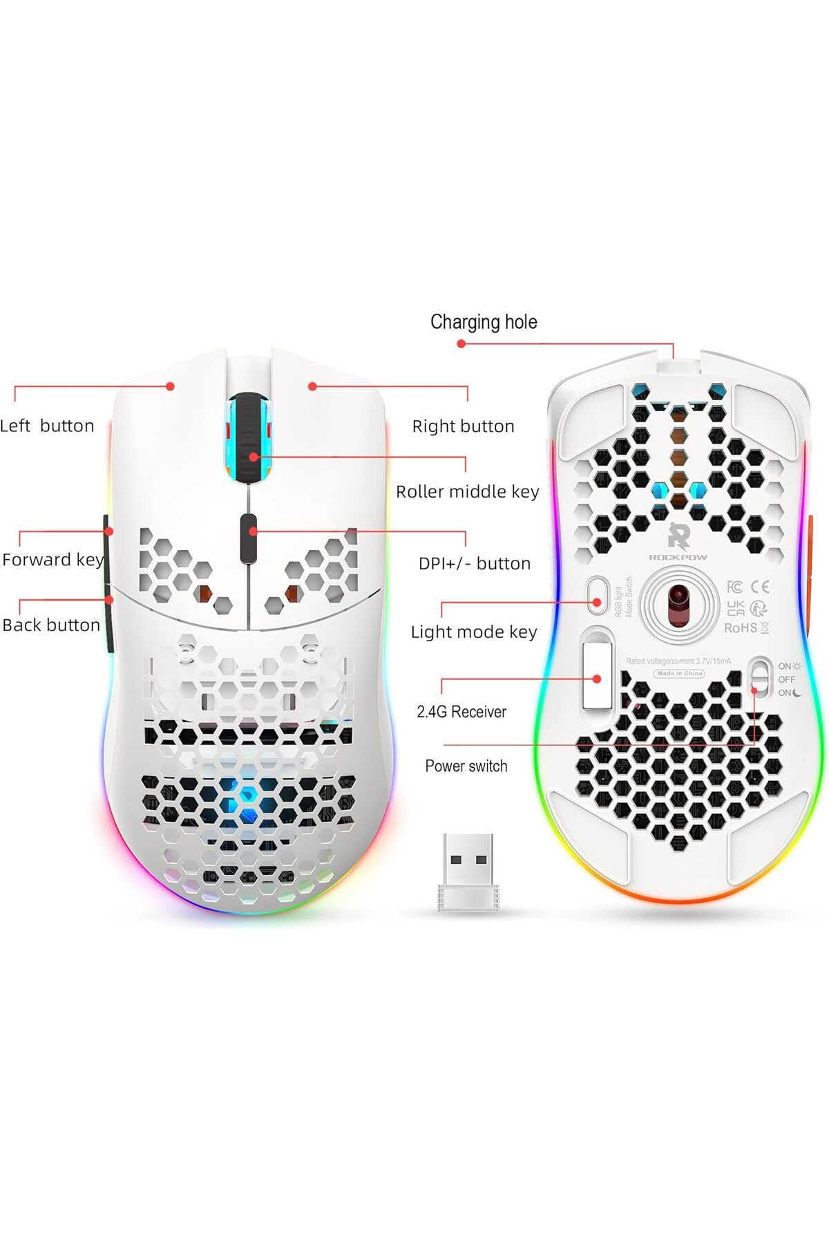 ROCK POW-Wireless Gaming Mouse with Honeycomb Lightweight Design, 6 Programmable Buttons, Adjustable DPI, RGB 3