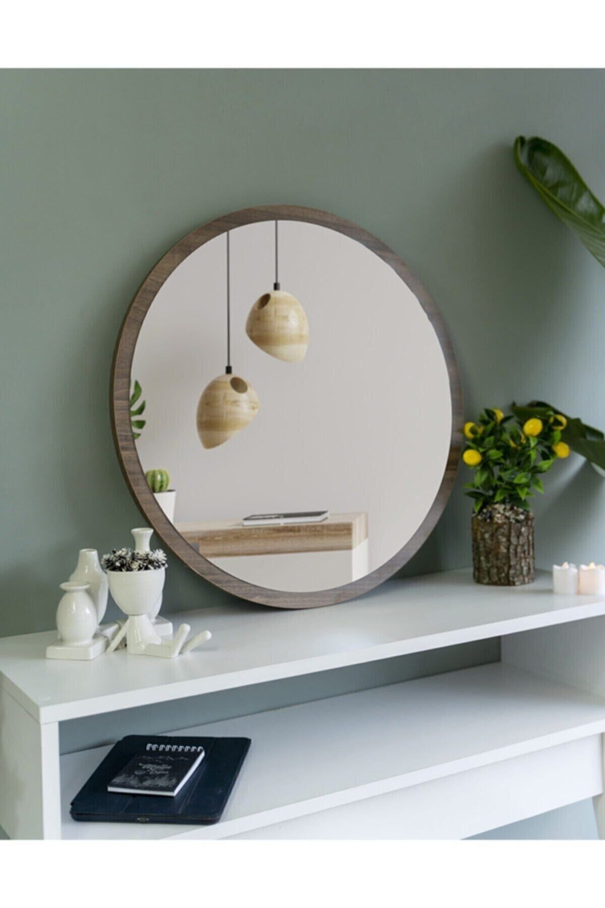 Elioure Şık Yuvarlak Ceviz Dekoratif Ayna, Antre, Salon, Ofis için 45 cm