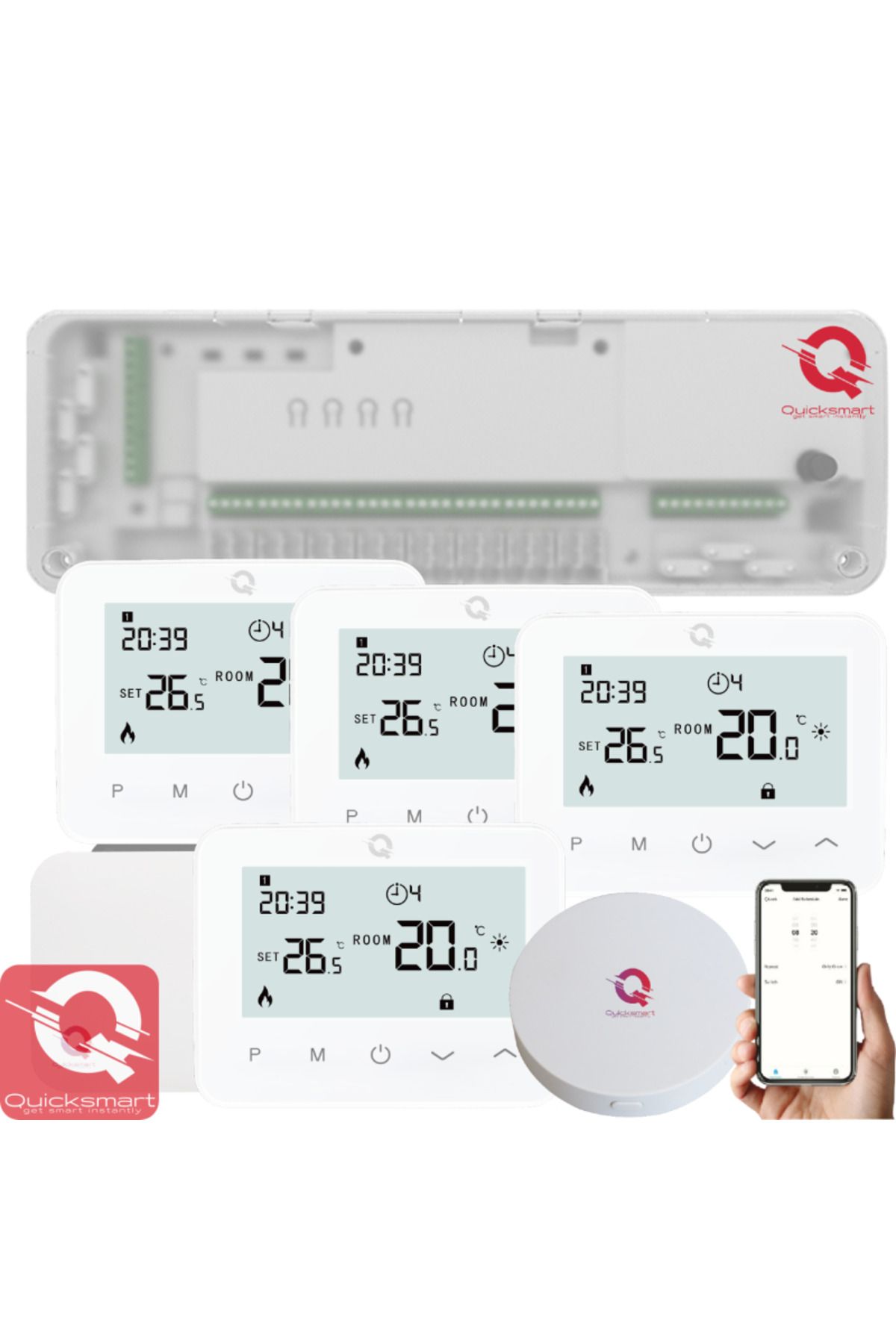 Quicksmart-Kit Automatizare Pardoseala Wireless Q20, Controller 8 zone, 4x termostat Q20, Gateway Hub, Control 2