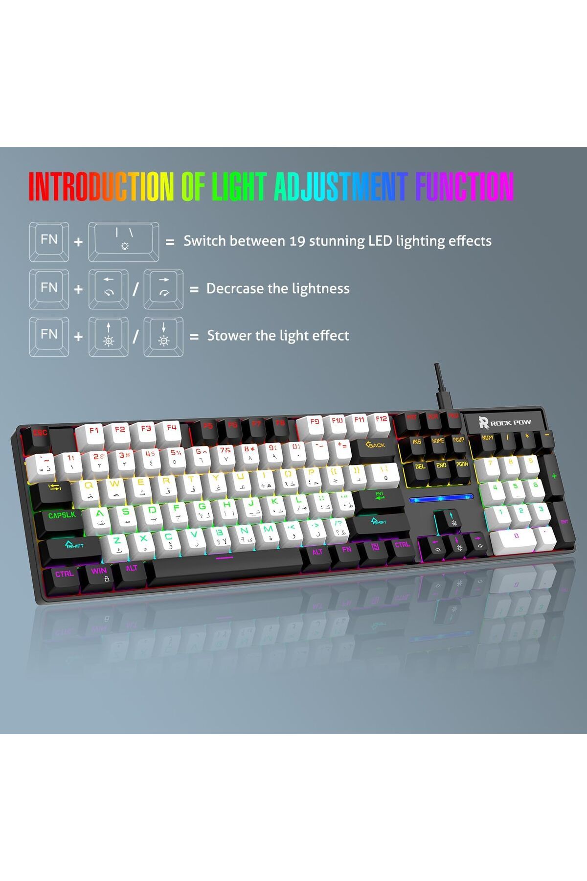 ROCK POW-Mechanical Gaming Keyboard Arabic English 104 Keys with RGB Backlight, Wired Keyboard for Computer G 5