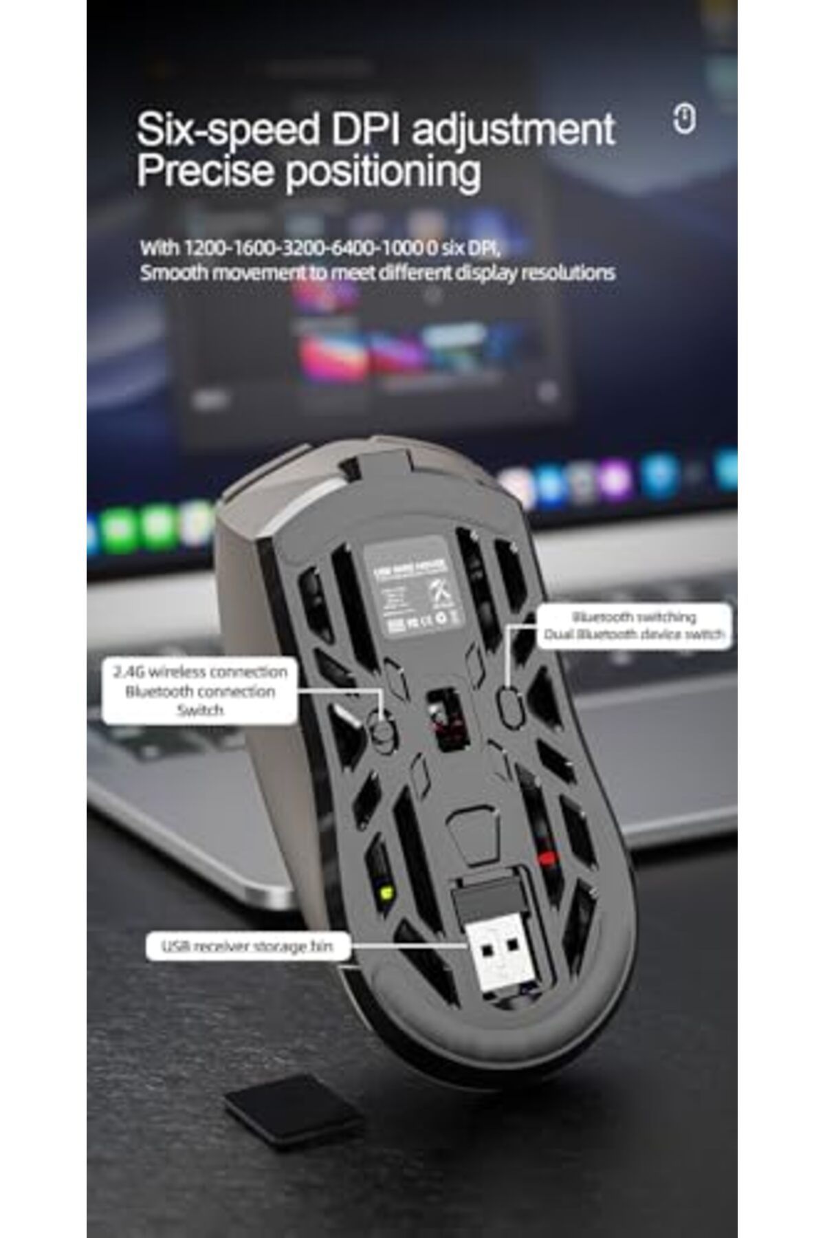 ROCK POW-Wireless Gaming Mouse, Triple Mode Bluetooth/2.4G/Wired, 6 Buttons Adjustable with 10000 DPI, Rechar 6